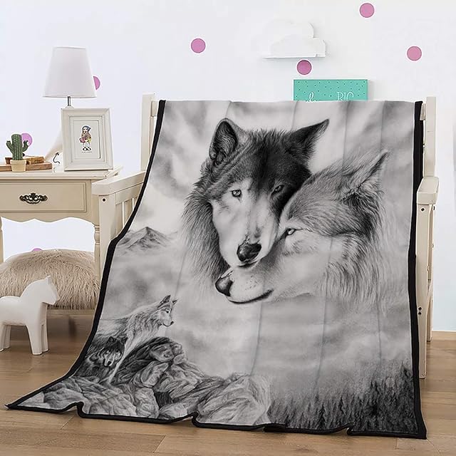 Wolf Throw Blanket Reversible Warm Fleece Blanket Soft Warm Anmial Wolf Printed Flannel Blanket for Bed, Couch and Sofa 150x200cm
