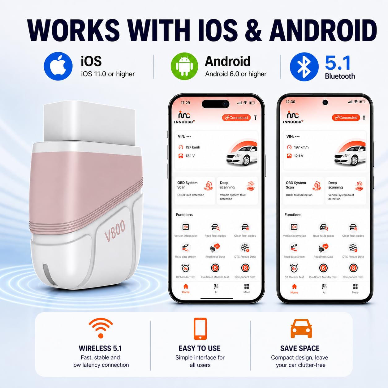 Panlong Scanner Bluetooth OBD2 per iOS Android, trasmissione motore ABS SRS | Strumento diagnostico senza fili OBDII del lettore di codice dell'automobile con l'app gratuita