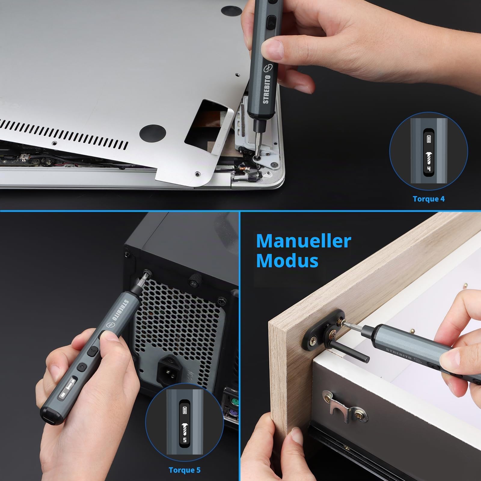 STREBITO Präzisions-elektrischer Schraubendreherset,70-Teiliges Set electric screwdriver,5 Drehmomentstufen digitale anzeige, 64 Magnetische Bits, Mini-Elektroschraubendreher für PC, RC-Elektronik
