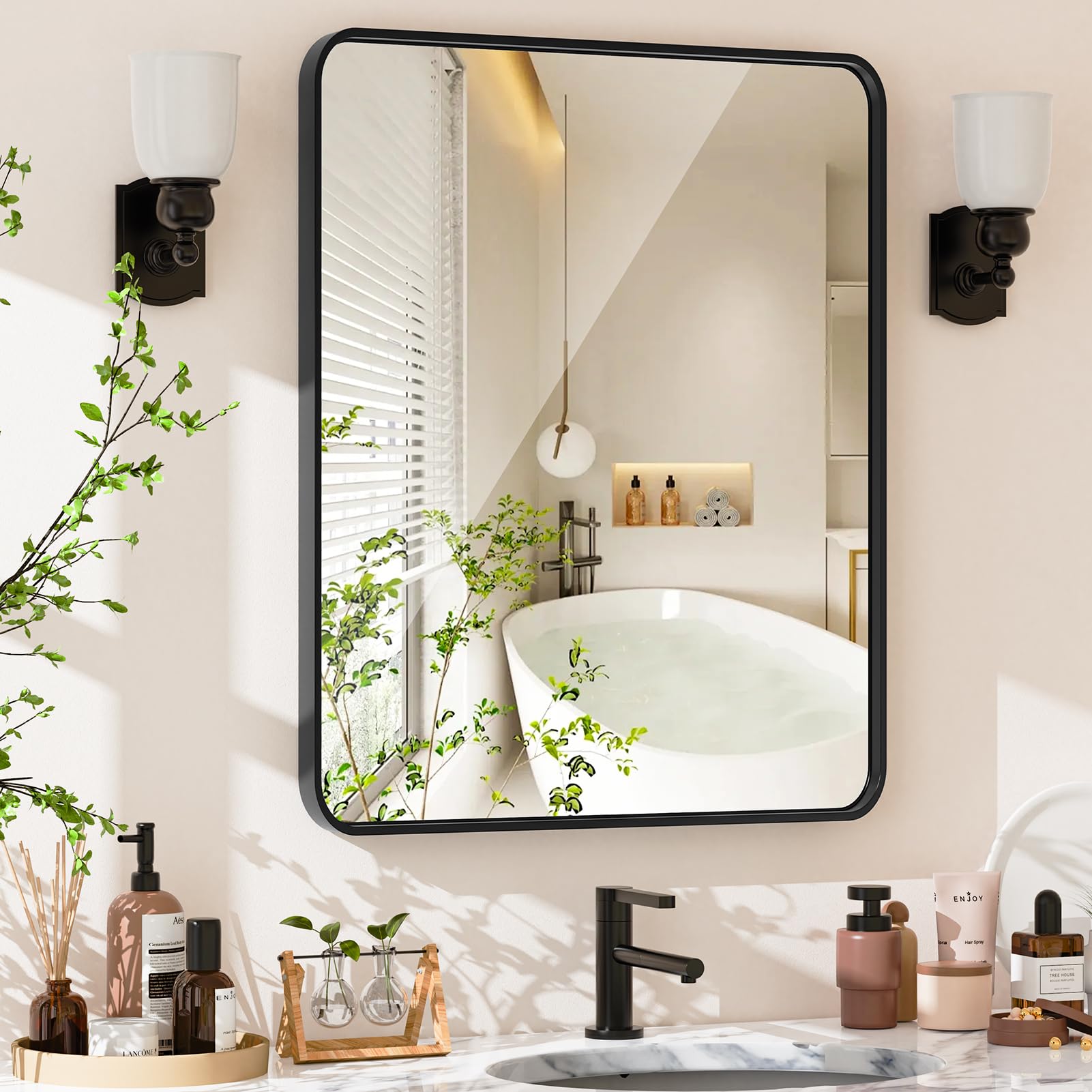 Bathroom Mirror 20x30 inch, Black Metal Deep Frame Wall Mirror, Modern Round Corner Rectangular Bathroom Vanity Mirror, Suitable for Bathroom, Bedroom, Living Room (Horizontal/Vertical)