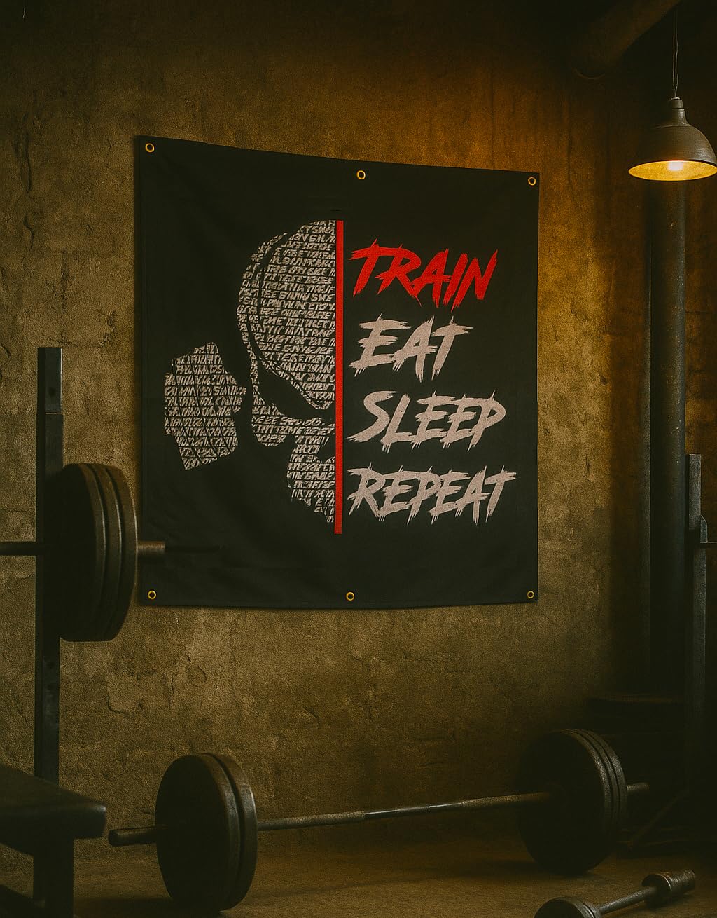Bandiera Train Eat Sleep Repeat | Decorazione Palestra Casa | Camera | Palestra | Bandiera Motivazionale Bodybuilding | Powerlifting | Strongman | Fitness