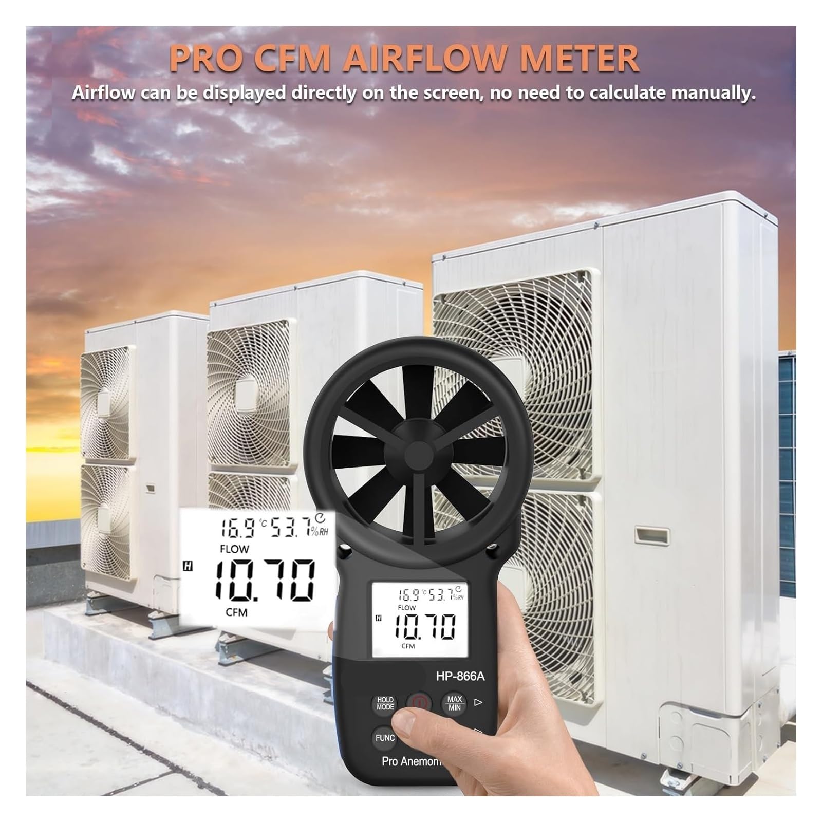 Anemómetro, Anemómetro digital portátil con conexión USB, medidor de punto de rocío y masa de aire.
