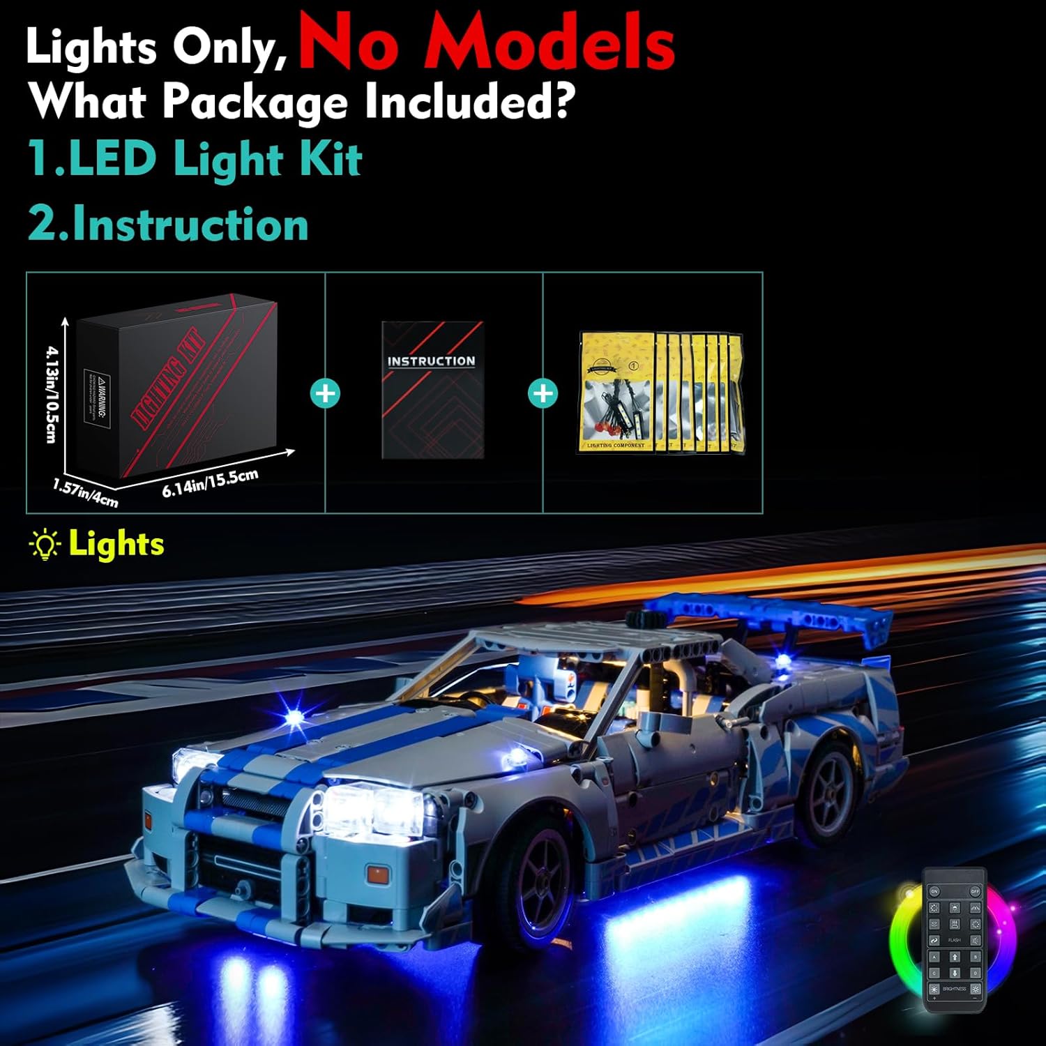 RC Light kit Compatible with Lego 42210 2 Fast 2 Furious Nissan Skyline GT-R (R34) Car - No Model Only Light, LED Lighting Accessories Compatible with Lego 42210 (RC Version)