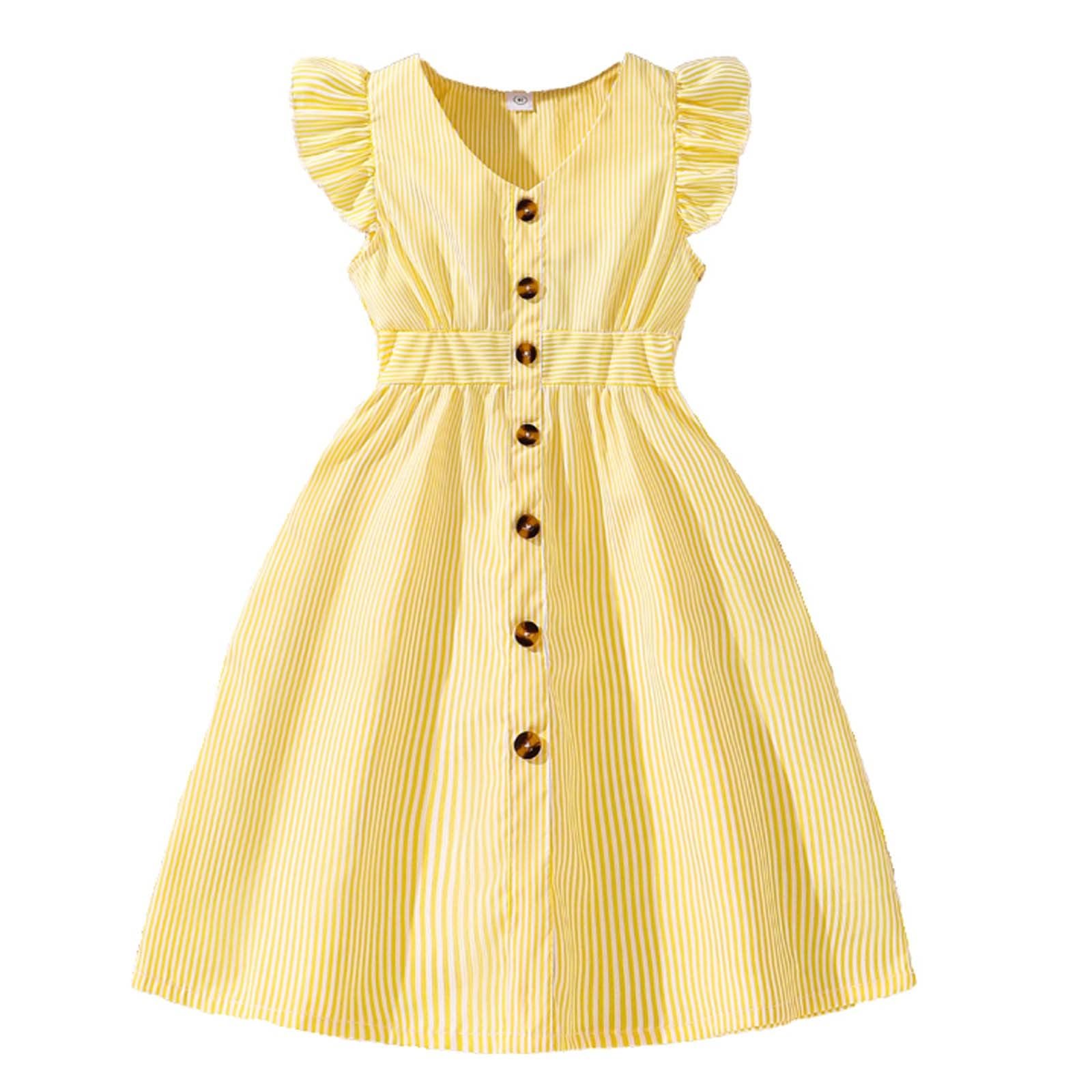 Vestito Estivo Casual da Bambina Senza Maniche, a Trapezio, con Bottoni, Orlo a Balze, a Righe, 8-12 Anni
