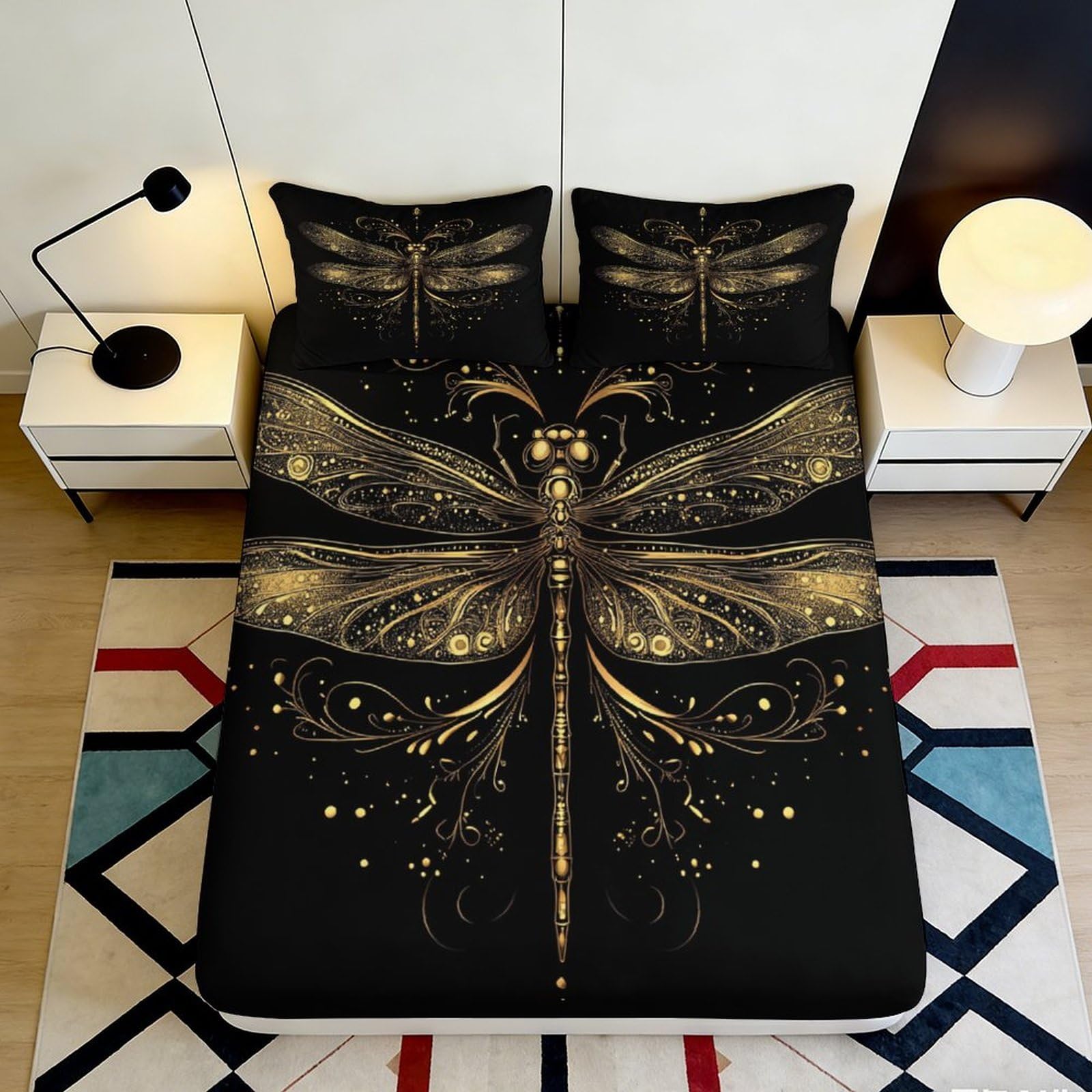 Dhbaneiok Style-3 3D Printed Golden Dragonfly Fitted Sheet Microfiber Black Artistic Bed Cover For Bedroom Guest Room Mattress Protection 90X200x25cm