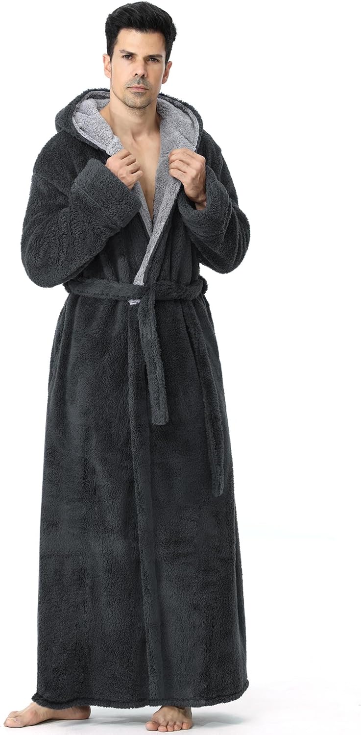 Artfasion Mens Hooded Plush Robe: Fluffy Long Spa Bathrobe Fleece Warm Shower Bath Robes House Coat for Winter Gifts
