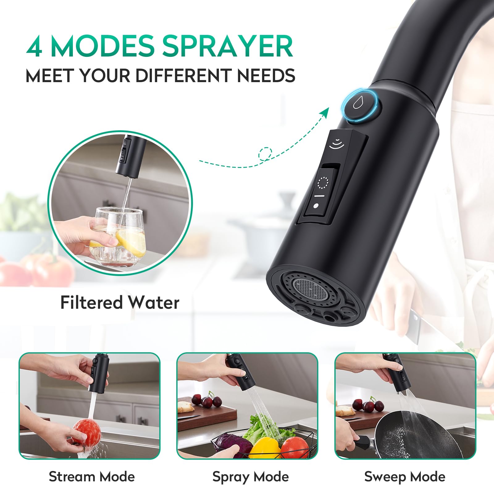 CREA 3 Wege Küchenarmatur mit Brause, Drei Wege Wasserhahn Küche Ausziehbar, 360° Drehbar 3 Wege Mischbatterie, Einhand Trinkwasserhahn, 3 in 1 Spültischarmatur, 3 Wege Armatur aus Edelstahl,Schwarz