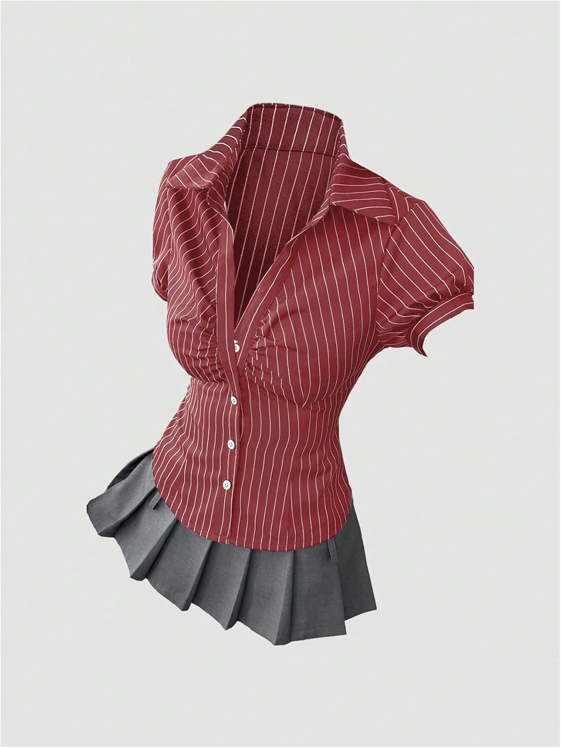 SweatyRocks Women's Striped Button Down Shirt Ruched Short Sleeve Fitted Work Business Blouses - Image 4