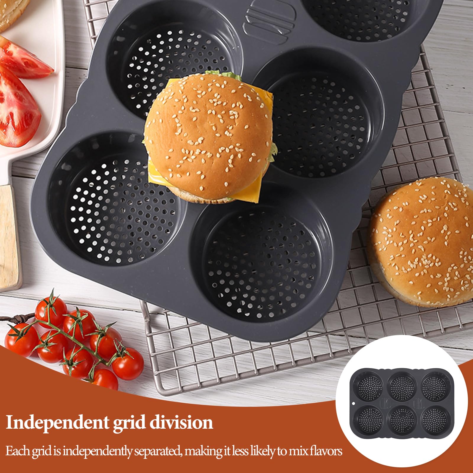 Stampo per Hamburger in Silicone, 6 Cavità Stampo Antiaderente per Panini, Rotondo, Diametro 10 cm, Perforato