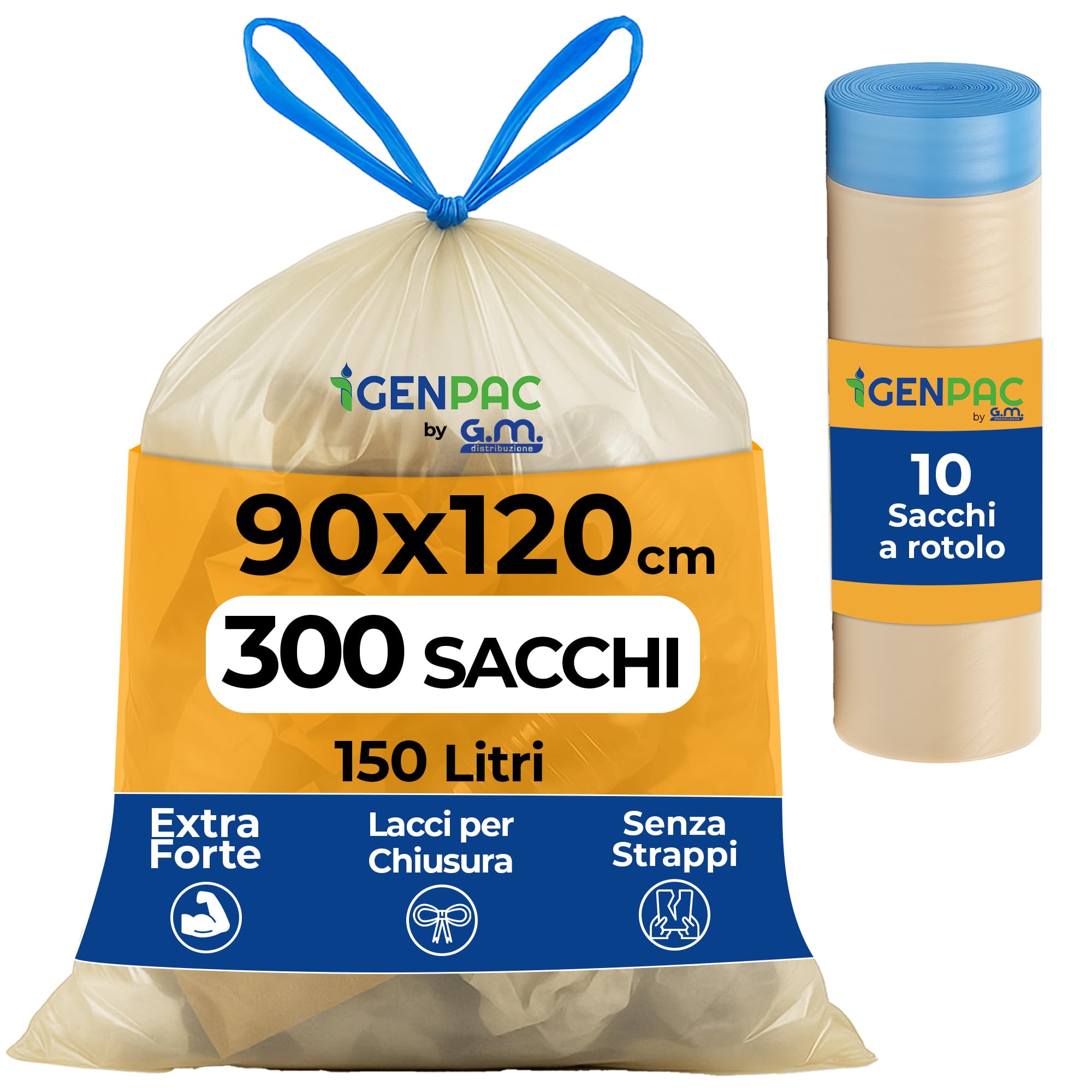 300 Sacchi Spazzatura Grandi Trasparenti 90x120 cm, Extra Resistenti da 150 Litri, Con comode maniglie di chiusura e Fondo Antigoccia, 100% Riciclabili, Made in Italy, Raccolta Differenziata