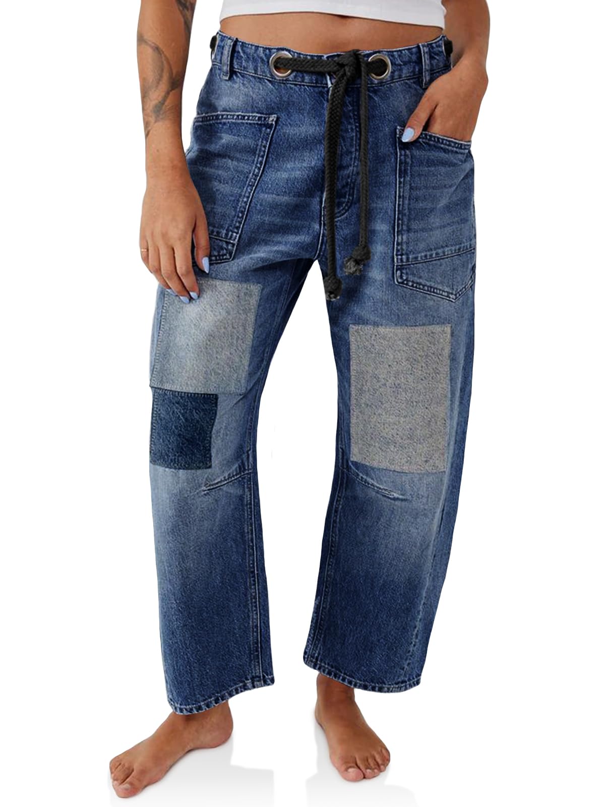 PLNOTME Womens Baggy Barrel Horseshoe Jeans Wide Leg Patchwork Low Rise Denim Pants with Pockets