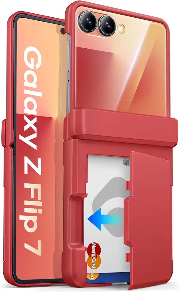 Capa para Samsung Galaxy Z Flip 7 com suporte para cartão (3 cartões) e proteção de dobradiça robusta e protetor de tela externa, capa protetora de telefone durável à prova de choque capa