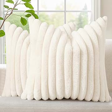 decorUhome Faux Fur Fall Throw Pillow Covers 18x18 Set of 2, Decorative Soft Plush Striped Neutral Couch Euro Pillow Covers with Velvet Back for Sofa, Bed, Living Room Home Decor, Cream White