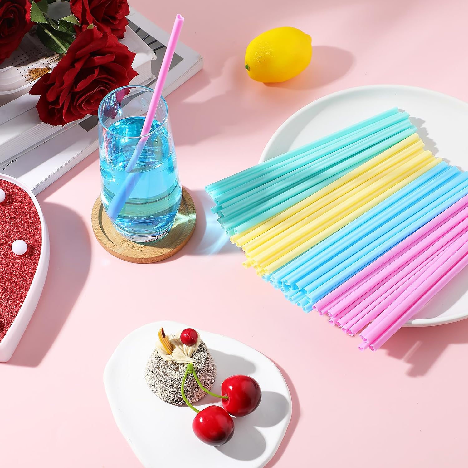 Zopeal 180 Pieces Heart Shaped Straws, Cute Disposable Pink Plastic Straws for Galentines Day Valentine, Cocktail, Bridal Shower, Birthday Party, Wedding Decorations (Pink, Blue, Yellow, Green)