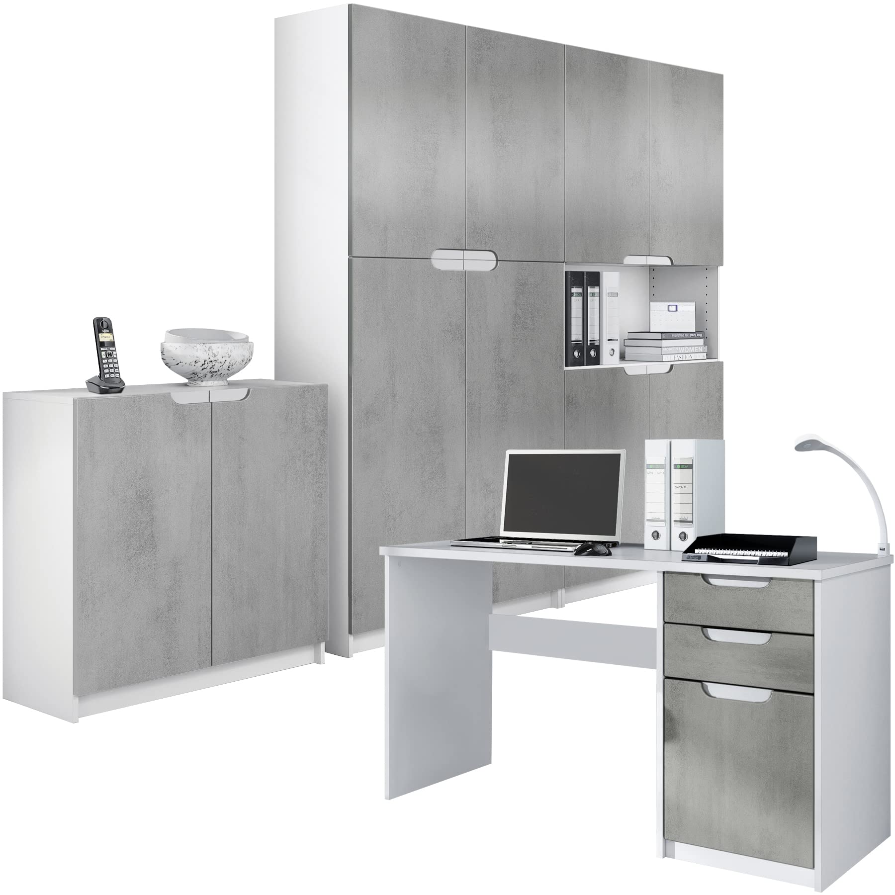 Vladon Set di mobili per Ufficio Armadio e scrivania Logan, Struttura in Bianco Opaco/Frontali in Ottica cermento ossido