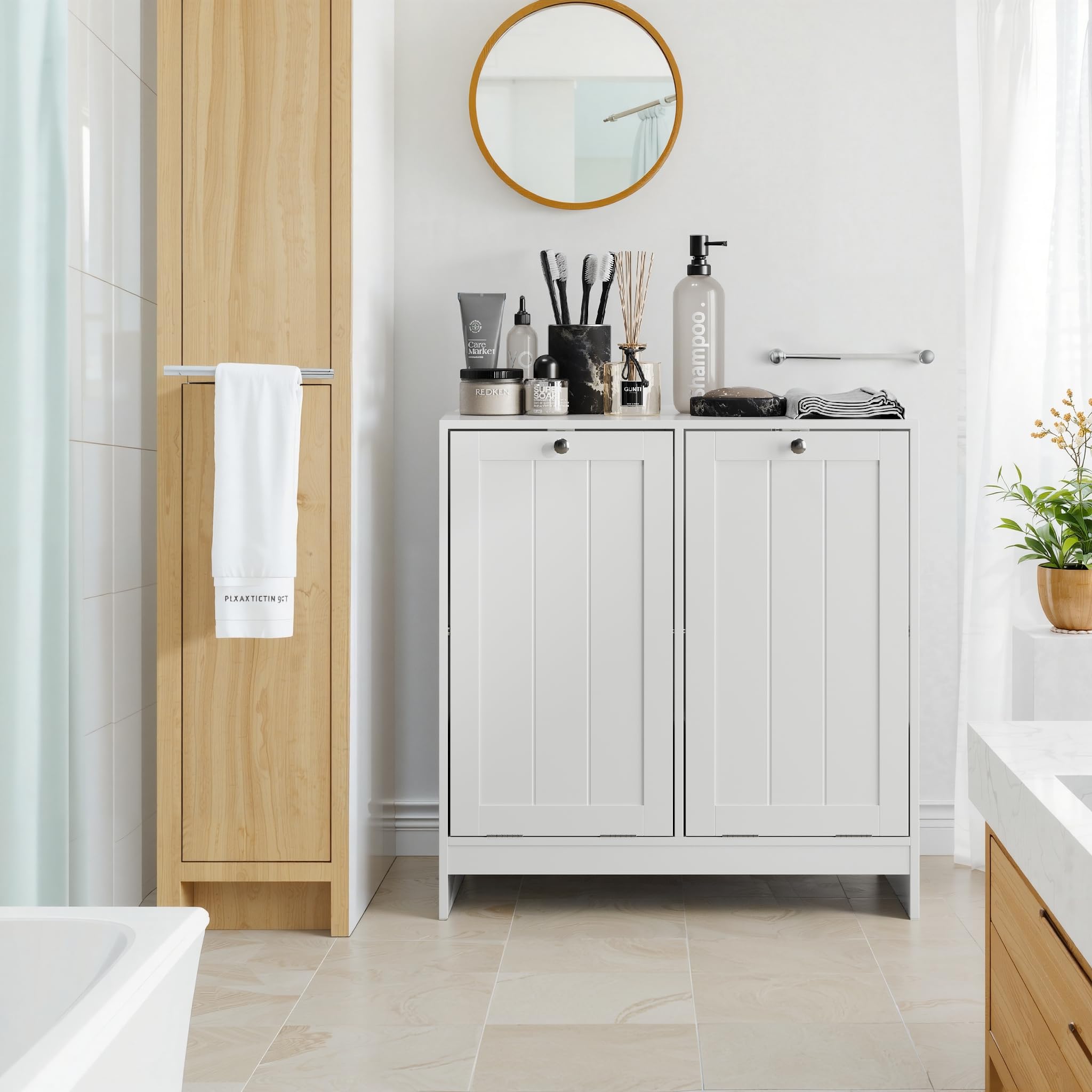 Badezimmerschrank mit Wäschekorb 42x32x76 cm Weiß, kippbar, 2 herausnehmbare Körbe, mit Wäschekippe und Kippschutz, freistehend, für Waschküche und Bad
