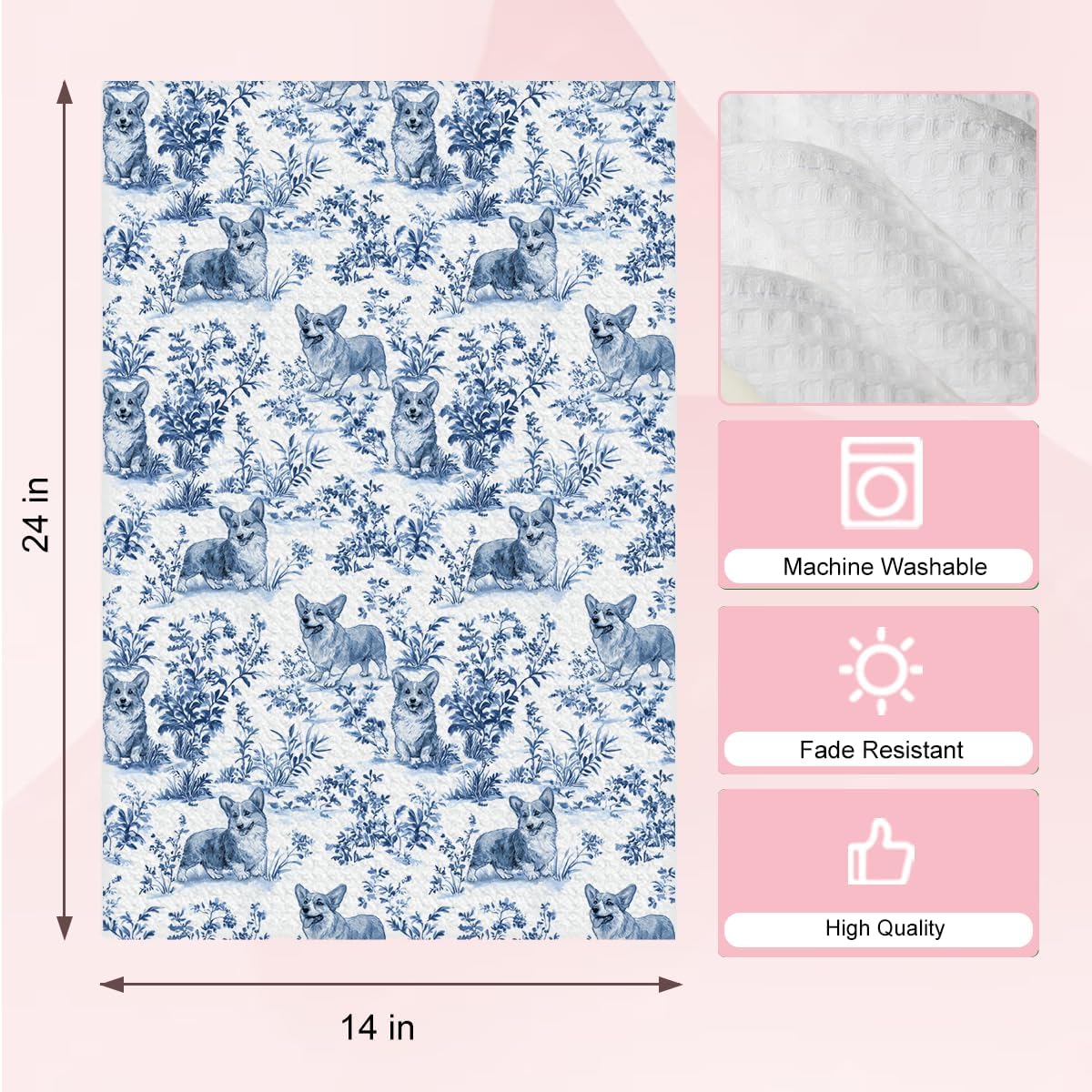 Chinoiserie Corgi Kitchen Towels, Corgi Decor Gifts for Corgi Lovers, Dog Mom Gifts for Women, Dogs Lover Gift, Reusable Blue and White Floral Dish Towel, Home Kitchen Bathroom Bar Decor Gift