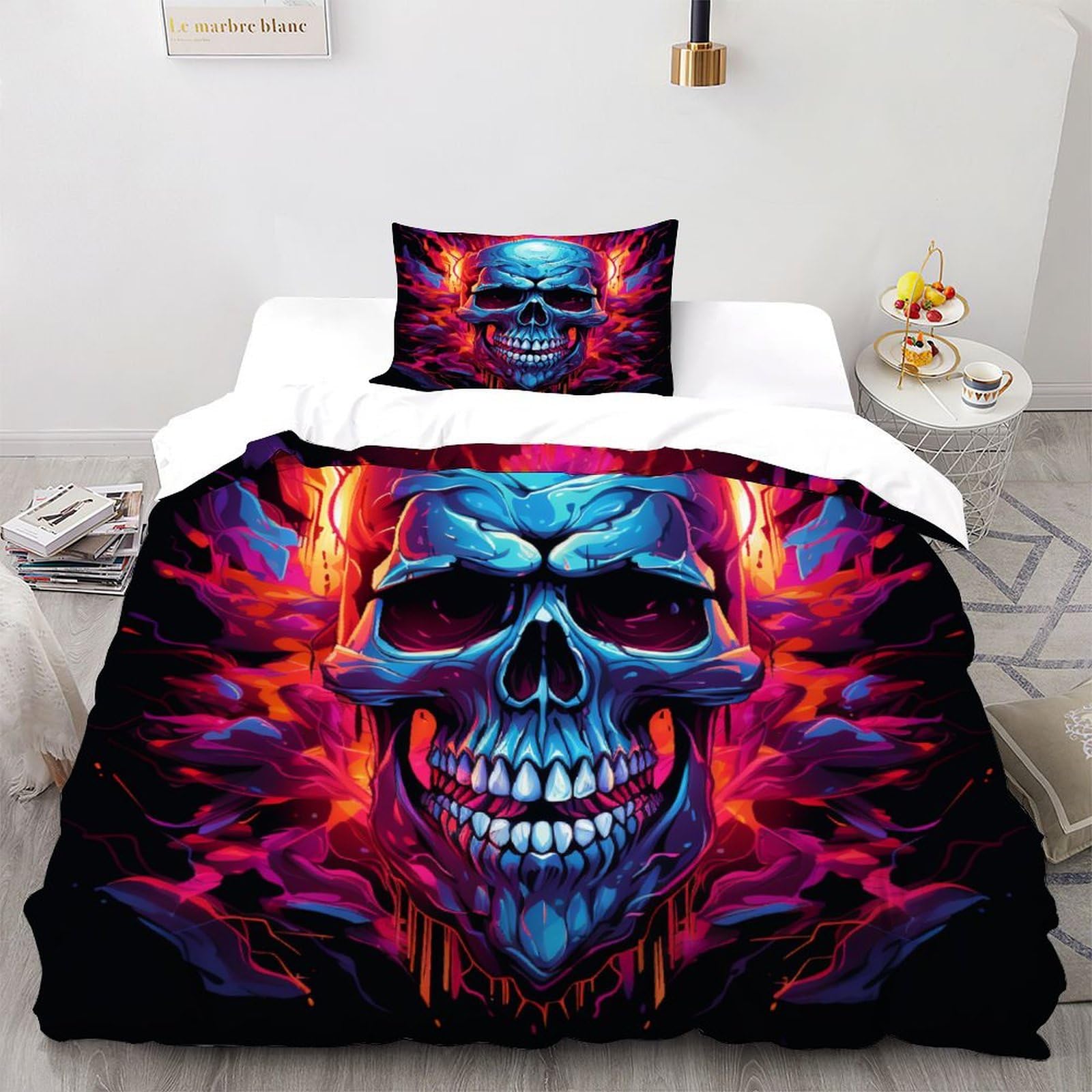 Housse de couette squelette gothique microfibre 135x200cm avec taie d'oreiller