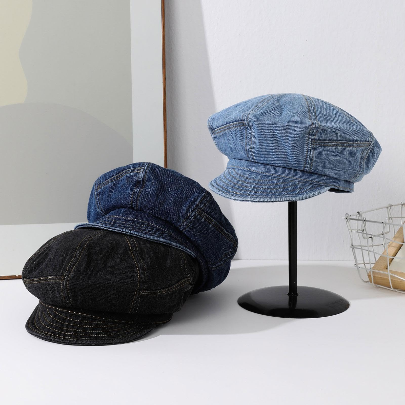 rockible Gorra Plana de Mezclilla para Mujer con Estilo Clásico de Periodista Sombrero Tipo Bebé con Estuche Rígido de Almacenamiento Adecuado para Viajes