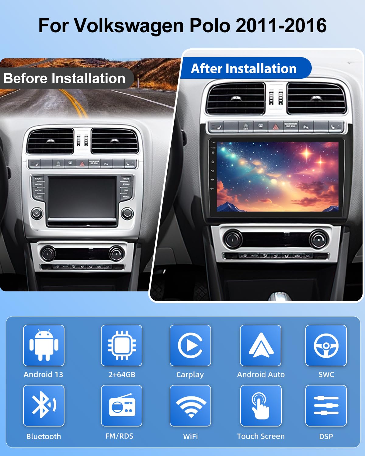 NHOPEEW 2G+64G Android Autoradio per VW Polo 6R 2009-2017 - Senza fili Carplay e Android Auto - 9 pollici Android Stereo con WiFi EQ GPS Mirror Link FM RDS + AHD Telecamera posteriore&Mic