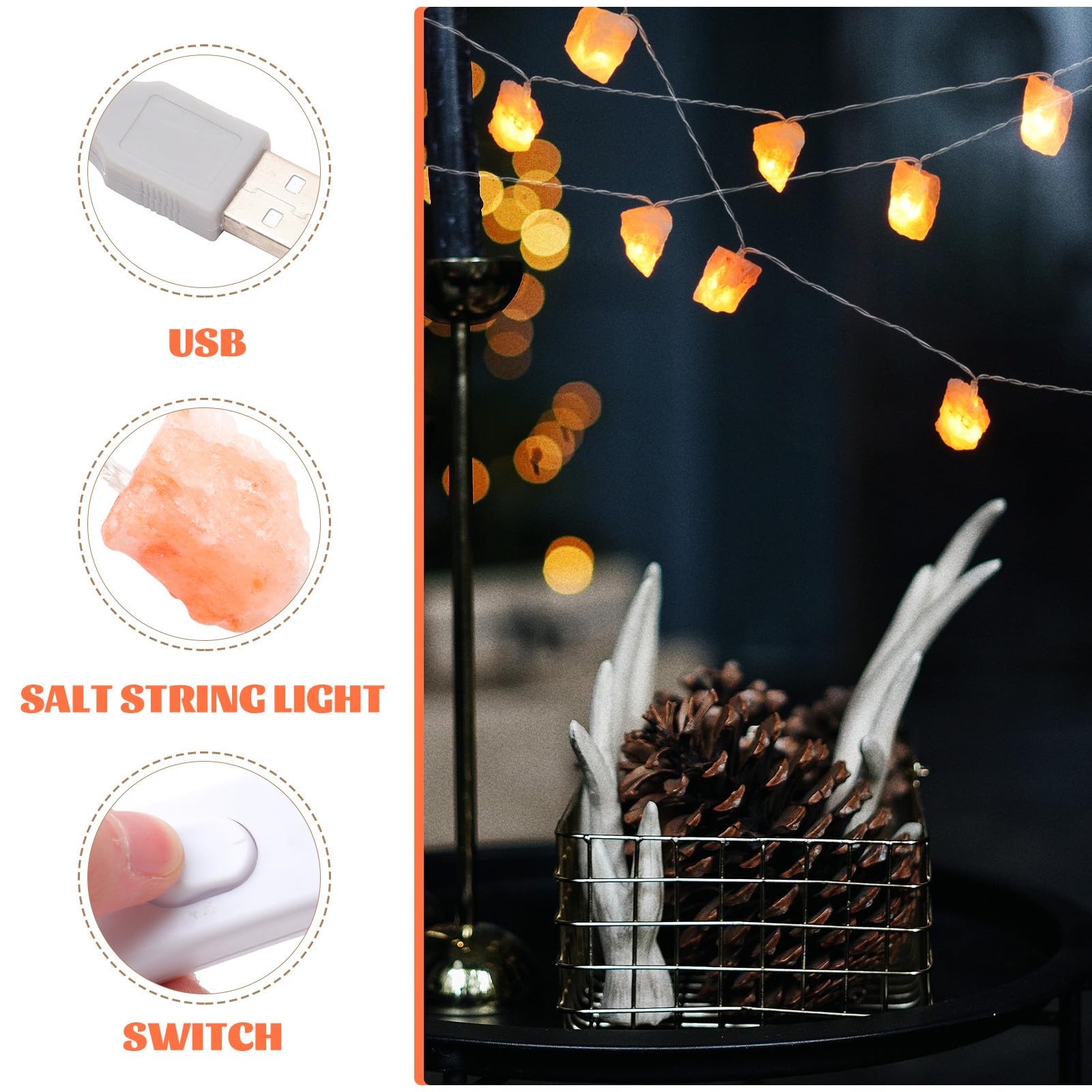 Guirlande Lumineuse USB 20 Lampes LED Sel Himalaya Lampe de Nuit Décorative Douce pour Salon Bureau Yoga Éclairage D’Ambiance Rechargeable USB