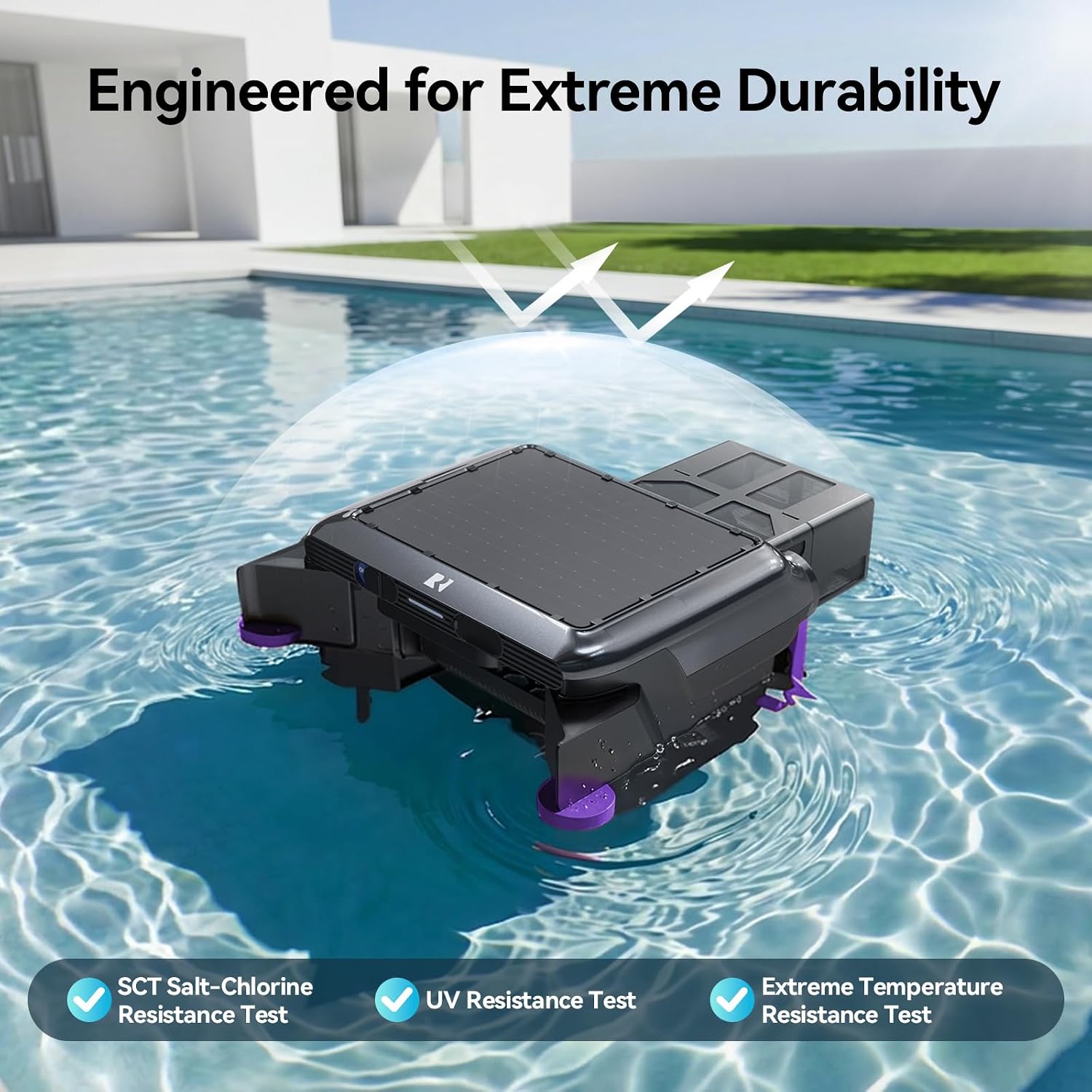 Solar-Powered Robotic Pool Surface Skimmer Cleaner with 24/7 Continuous Cleaning and Re-Engineered Twin Salt Tolerant Motors, Dual Charging,Smart Obstacle Avoidance, 150-um Filtration (Black)
