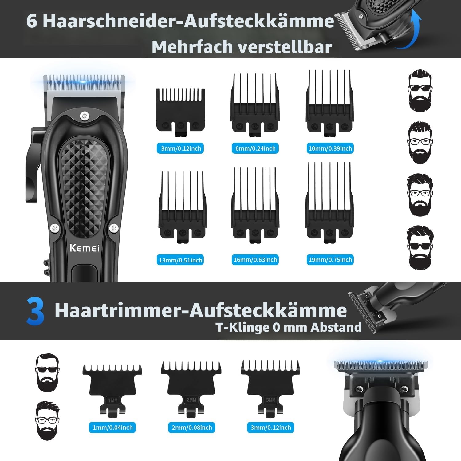 KEMEI Professionelle Haarschneidemaschine für Männer, Schnurloser Kompletter Barber Clipper T-Blade Trimmer Folienrasierer Set, Elektrisches Haarschneider Full Kit mit 9 Führungskämmen