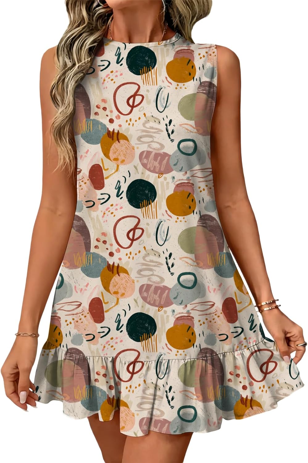 Womens Boho Dress Cute All-Over Print Sleeveless Ruffled Mini Dresses Slim Fit Summer Sundress (S-3XL)