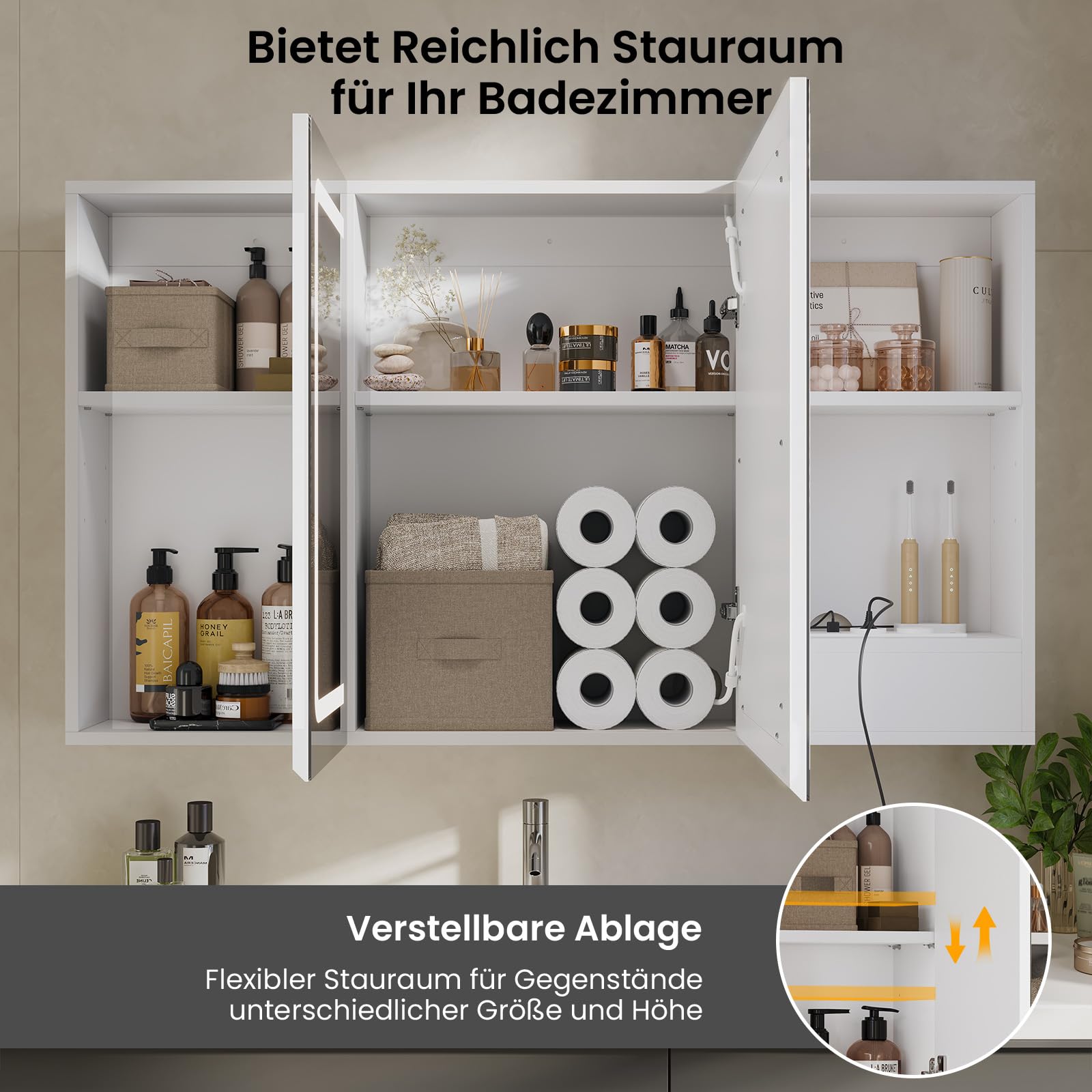 DICTAC Specchio Bagno Contenitore con Luce e Presa Elettrica Mobile Bagno da parete con 3 Ante Specchio e 3 Ripiano Regolabile, Armadietto Specchio Bagno con illuminazione,100 x 60 x 16cm,Bianco