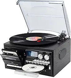 Toca-discos vintage 9 em 1 com Bluetooth, rádio AM/FM, leitor de CD e cassete, reprodução USB/SD, controle remoto, entradas AUX e RCA, conector de fone de ouvido – Sistema de áudio clássico para