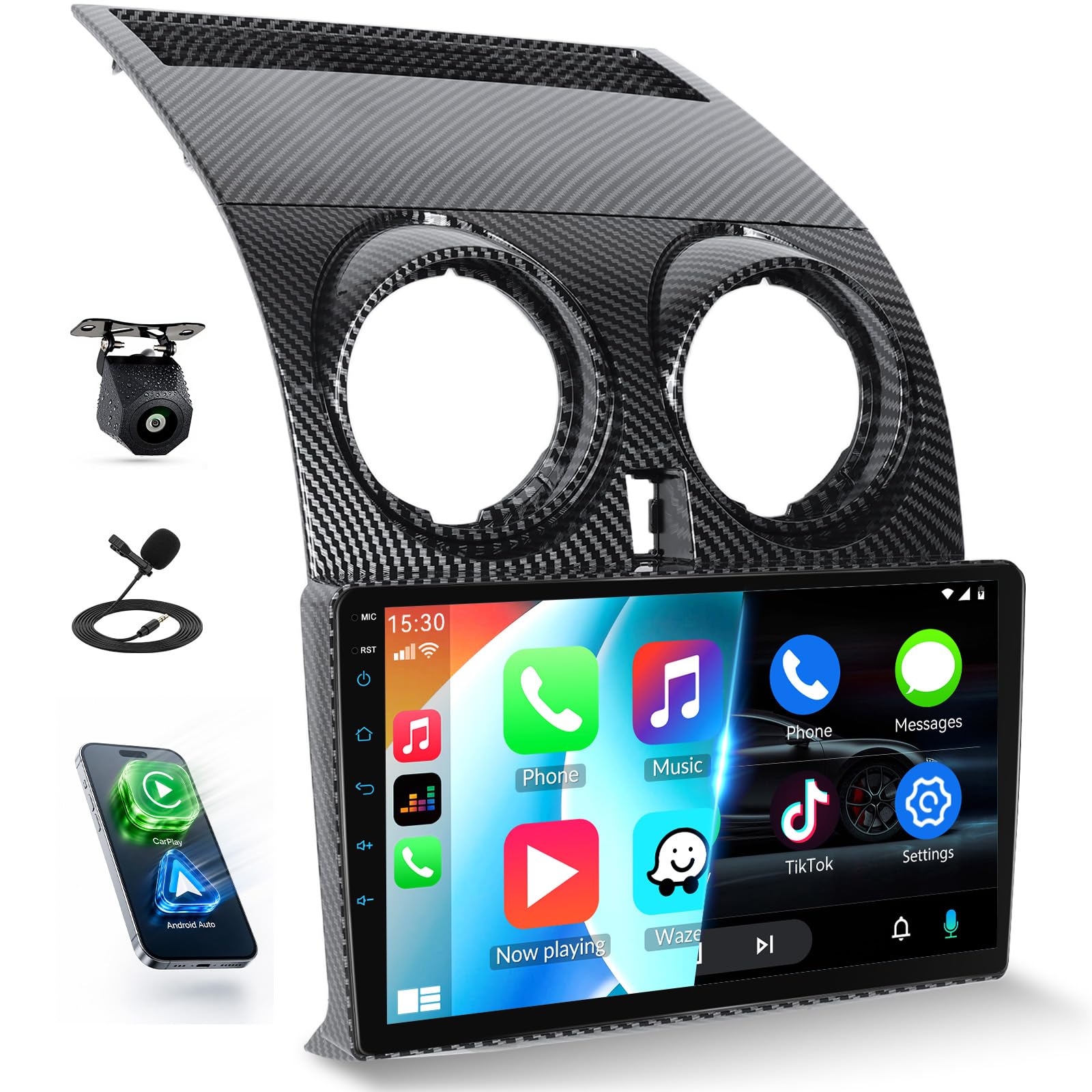 SIXWIN Autoradio Nissan Qashqai J10 2006-2016, Schermo Touch 9" IPS HD, Radio Auto con CarPlay senza Fili e Android Auto,Vi-Link, Bluetooth, FM RDS, DSP,Telecamera(Custodia effetto carbonio)