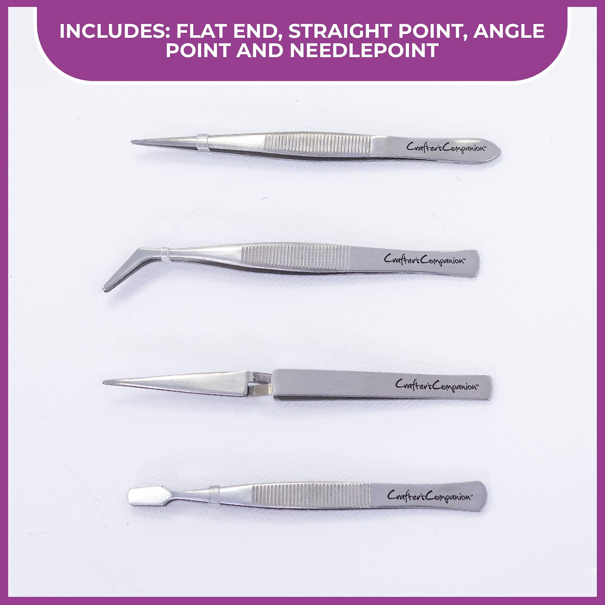 Precision Tweezers Set for Crafting Projects - Includes 4 Tweezers [Flat End, Straight Point, Angle Point & Needlepoint] - Anti-Magnetic, Smooth Thin Tips & Grip Handles - by Crafter's Companion
