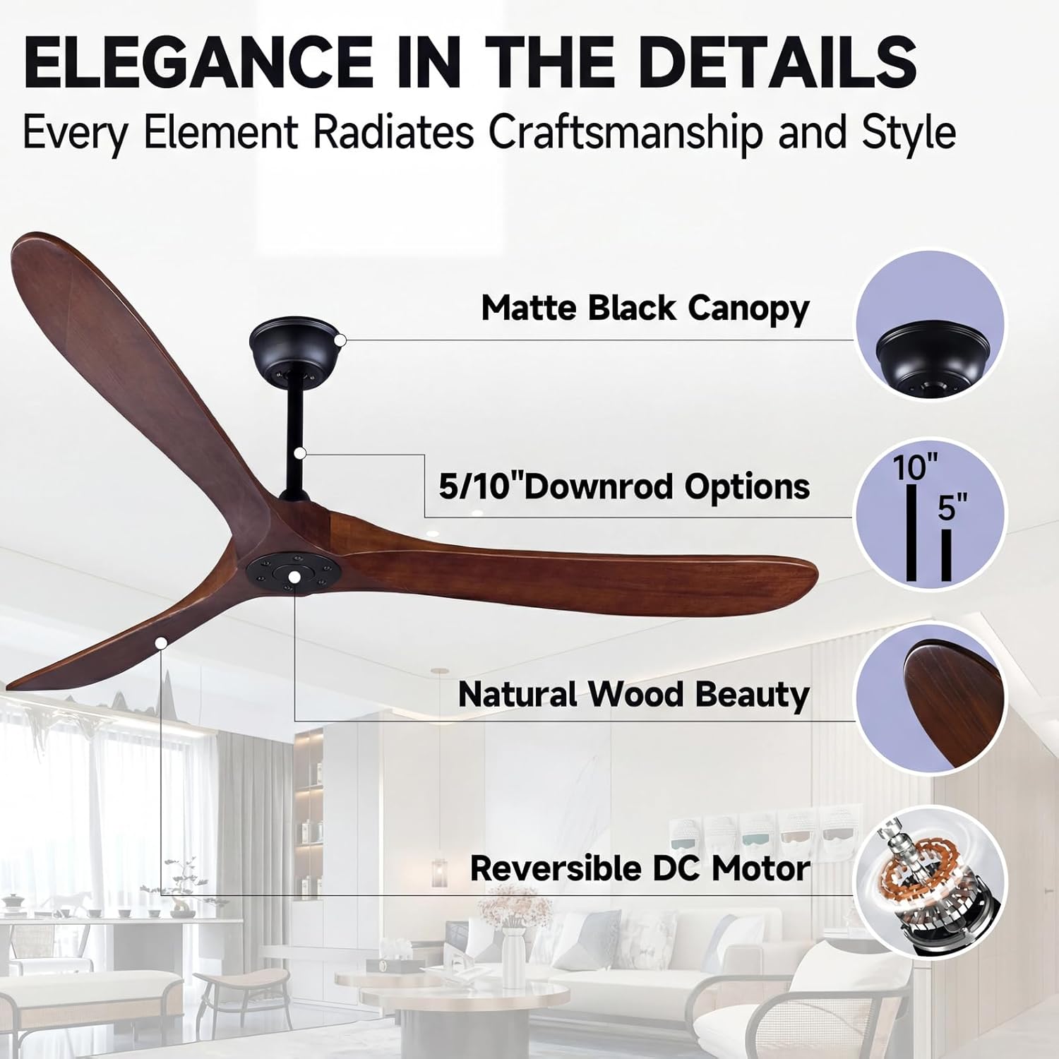 Ceiling Fan No Light, 70 Inch Modern Solid Wood Ceiling Fan with Remote, Quiet DC Motor, Flush Mount Low Profile Indoor or Covered Patio Ceiling Fan for Bedroom Living Room, Natrual Wood