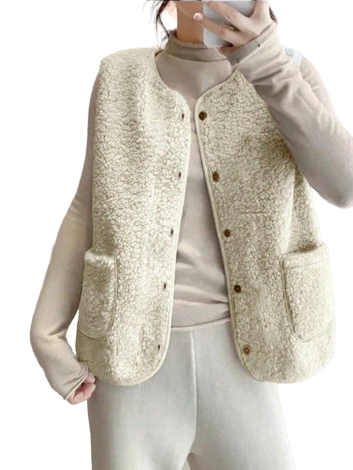 Damska kamizelka bez rękawów Teddy Fleece Dekolt w serek Krótka kamizelka polarowa z guzikami i kieszeniami pikowana kamizelka termiczna ciepła praktyczna kamizelka do układania
