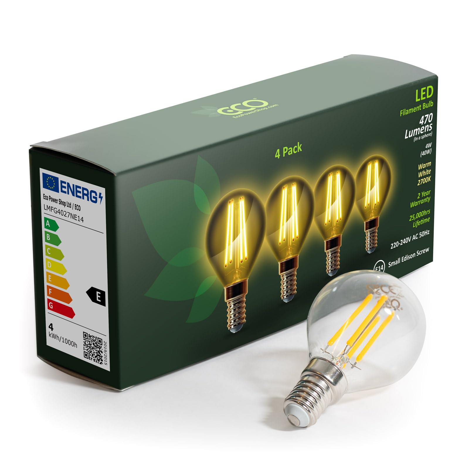 ECO 4W Golf Ball LED Filament Light Bulb (G45), 40W Equivalent, 470 Lumens, Warm White 2700K, E14 Small Edison Screw (SES), Non-Dimmable, 25,000hrs Lifetime.
