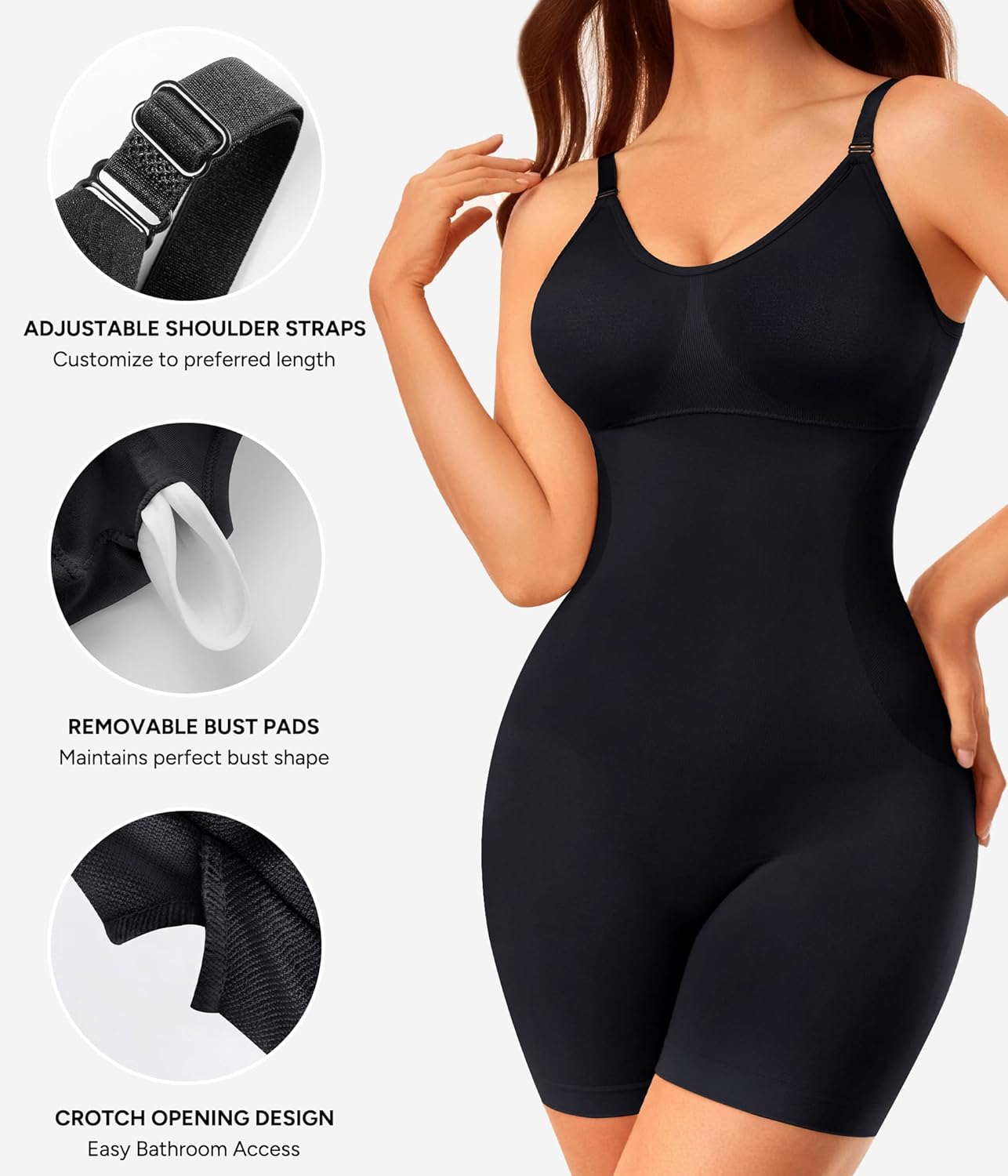 Nebility Women's Shapewear Bodysuit Tummy Control Body Suit Built in Bra Tank Camisole Seamless Mid Thigh Body Shaper - Image 3