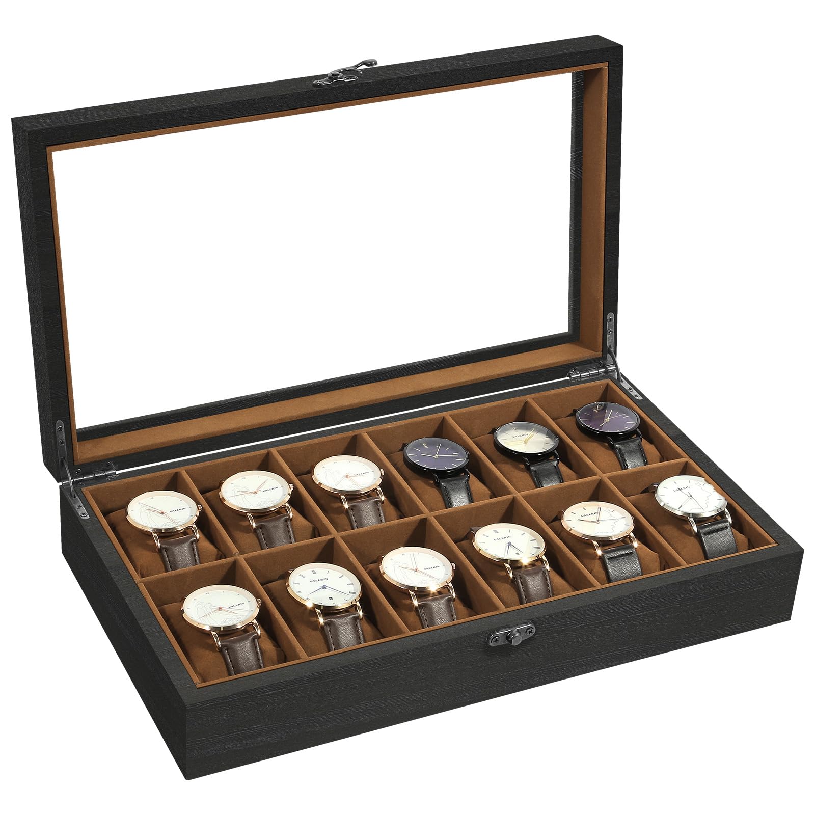 Uten Caja de Relojes con 12 Compartimentos, Caja para Reloje Madera, Tapa de Vidrio y Almohada Algodón Seda, Forro Marrón, para Exhibición y Almacenamiento de Relojes Joyería, Regalo Ideal