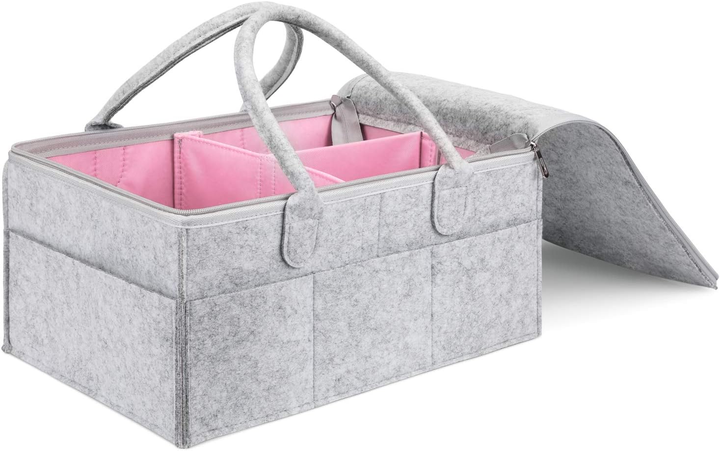 MaidMAX Baby Changing Bag, Storage Basket for Baby, Nursery Organizer, Nappy Organizer, Birth List, Changing Table for Girls and Boys, Pink and Grey
