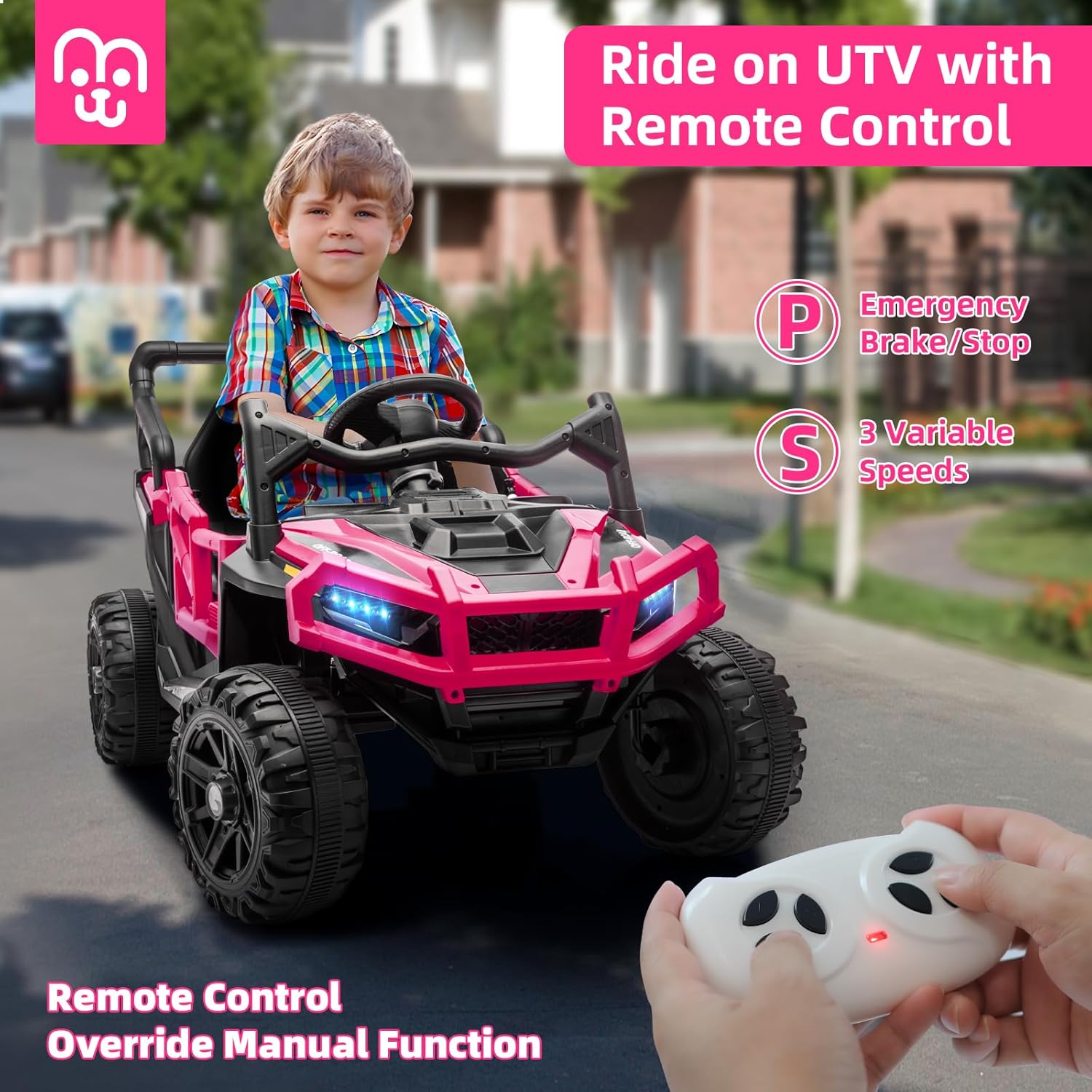 MINIATURE MOTORS 12V Kids Ride on Truck Car with Remote Control, Electric Off-Road UTV for Toddlers, Bluetooth Music, Suspension System Safety Belt, Electric Vehicles Gift for Boys & Girls-Rosy