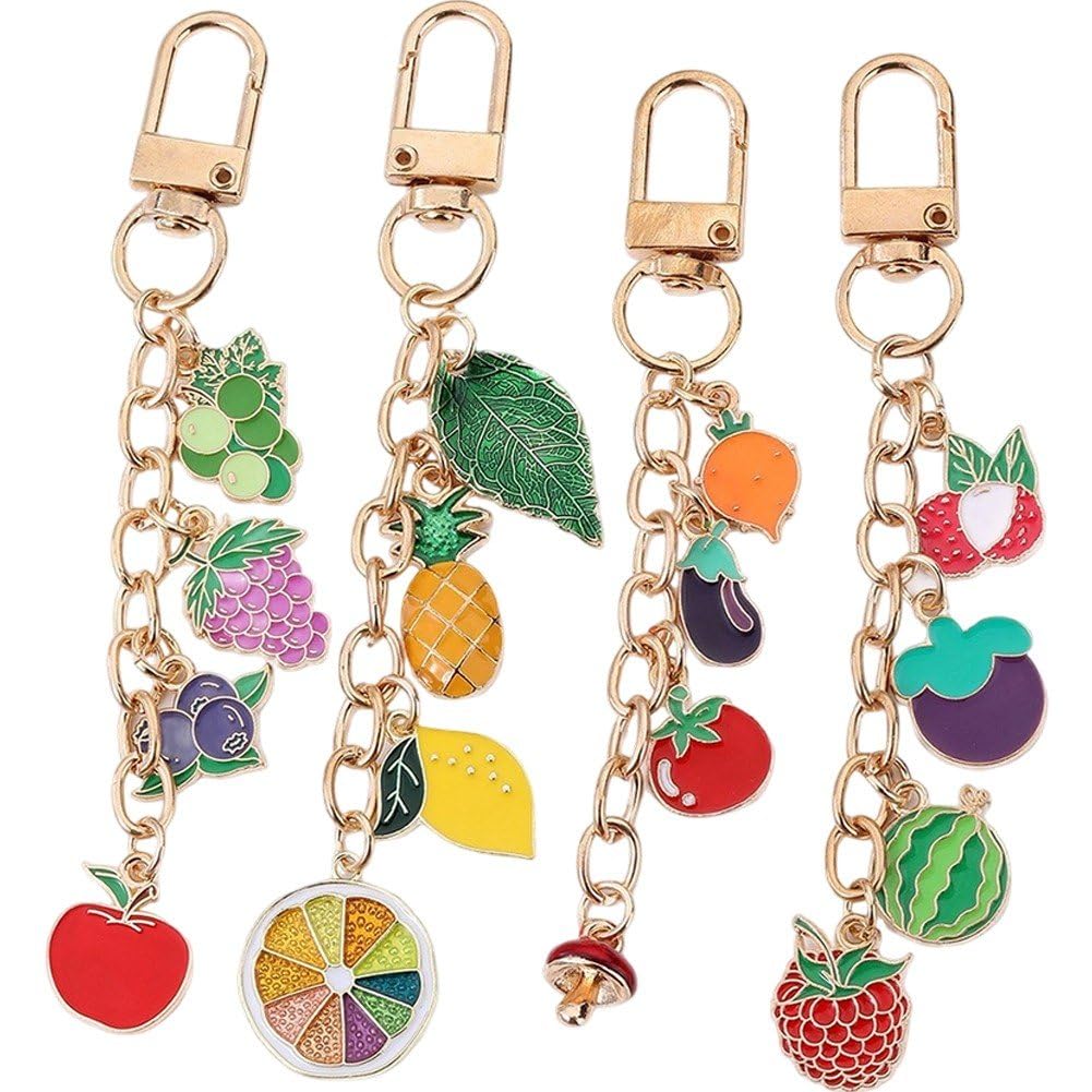 Sslvya 4 Pcs Cute Fruit Vegetable Keychains for Women Alloy Bag Charm Keychain Vintage Metal Purse Charms Pendant Key Ring Gift