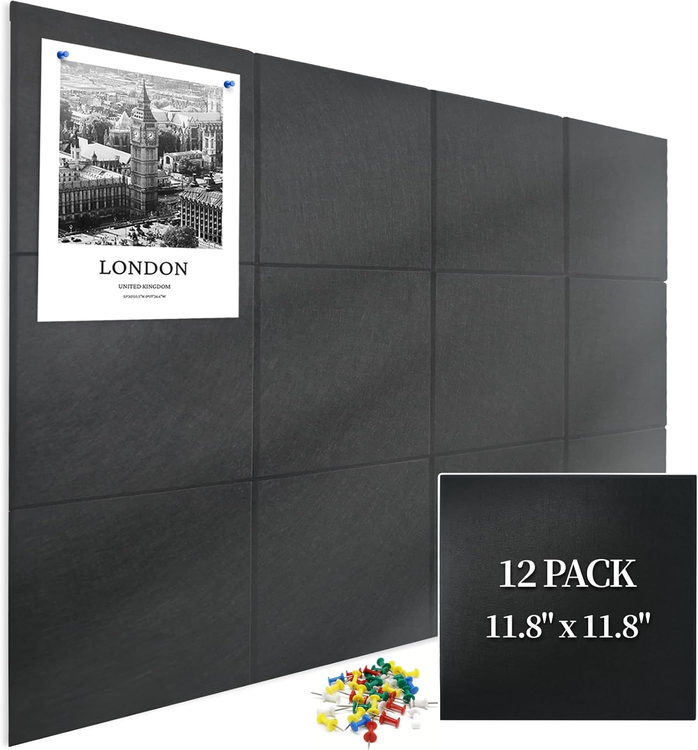 Large Cork Board for Wall 12 Pack, Bulletin Board 48" X 36", Felt Board Wall Tiles with 72 Damage-Free Removable Pads & Push Pins, Alternative Pin Board Cork Board for Office Home, Black Black 12PCS Square