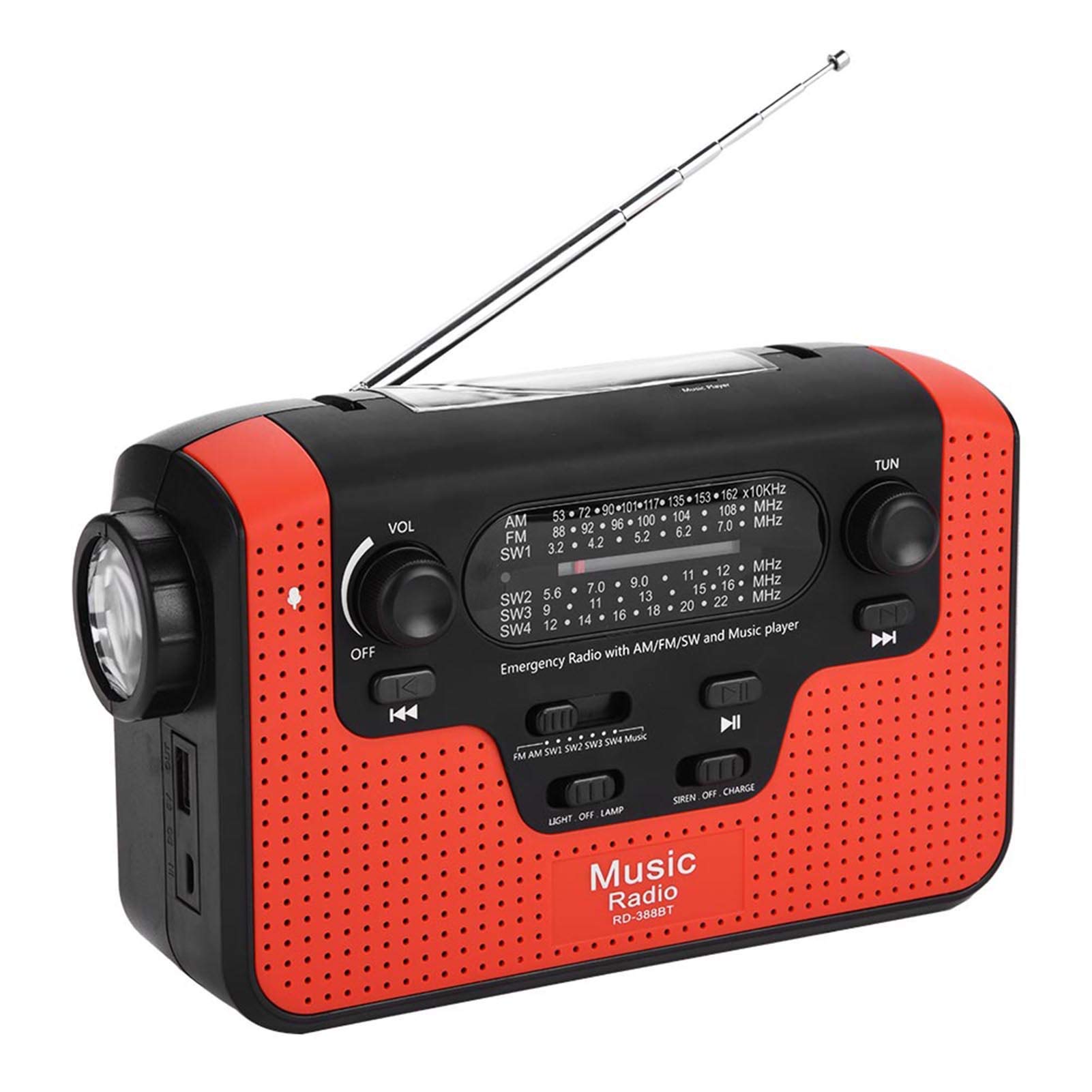 Radio à Manivelle Solaire D'urgence, Radio à Manivelle Solaire RD-388 FM/AM/SW, avec Lampe de Poche LED, Chargeur de Téléphone/appel Mains Libres, pour Extérieur/lecteur de Musique/camping(rouge)