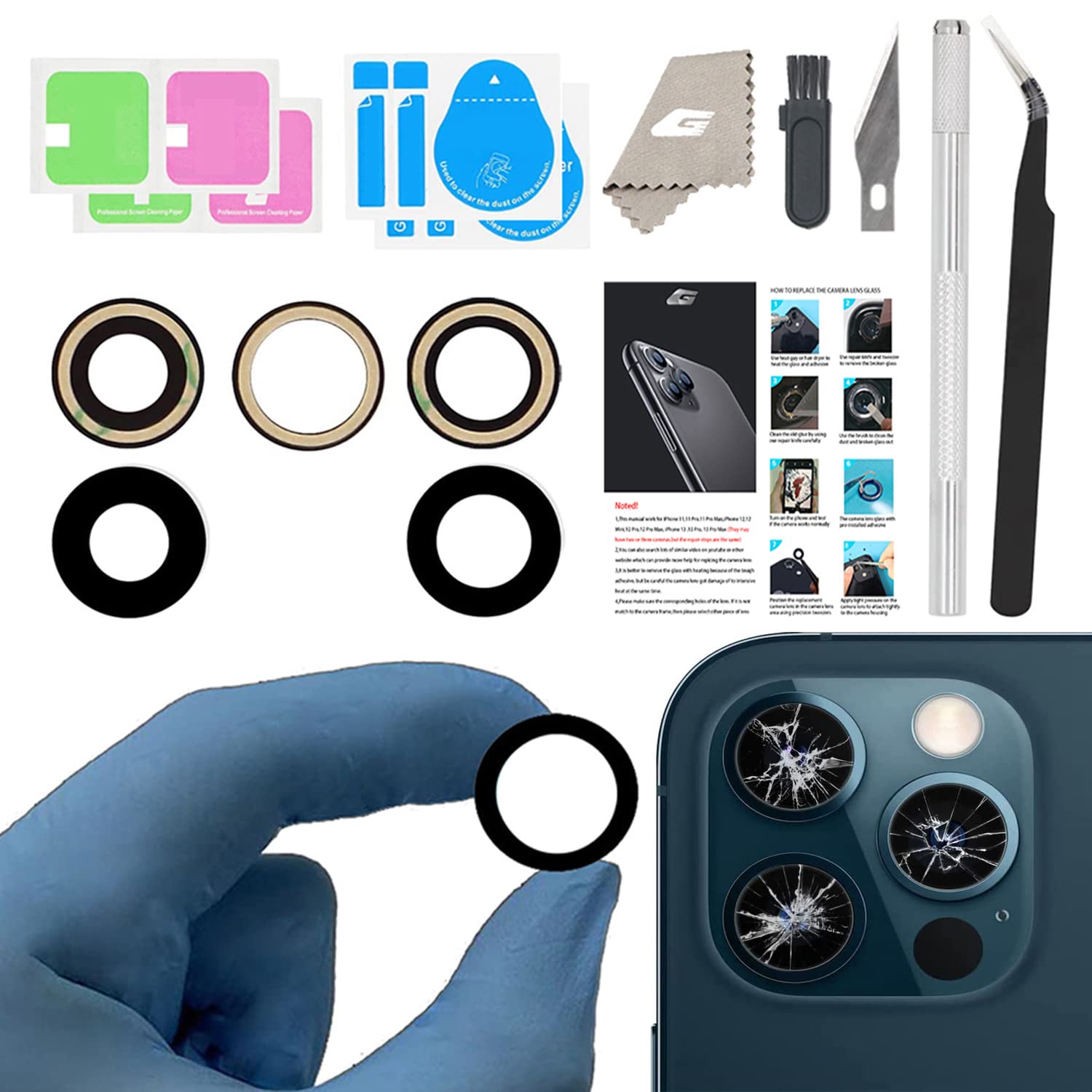 Rear Camera Lens Covers Replacement for iPhone 12 Pro, GVKVGIH Back Camera Len Glass Replacement with Double-Sided Adhesive & Repair Tool Kit (for 12Pro)