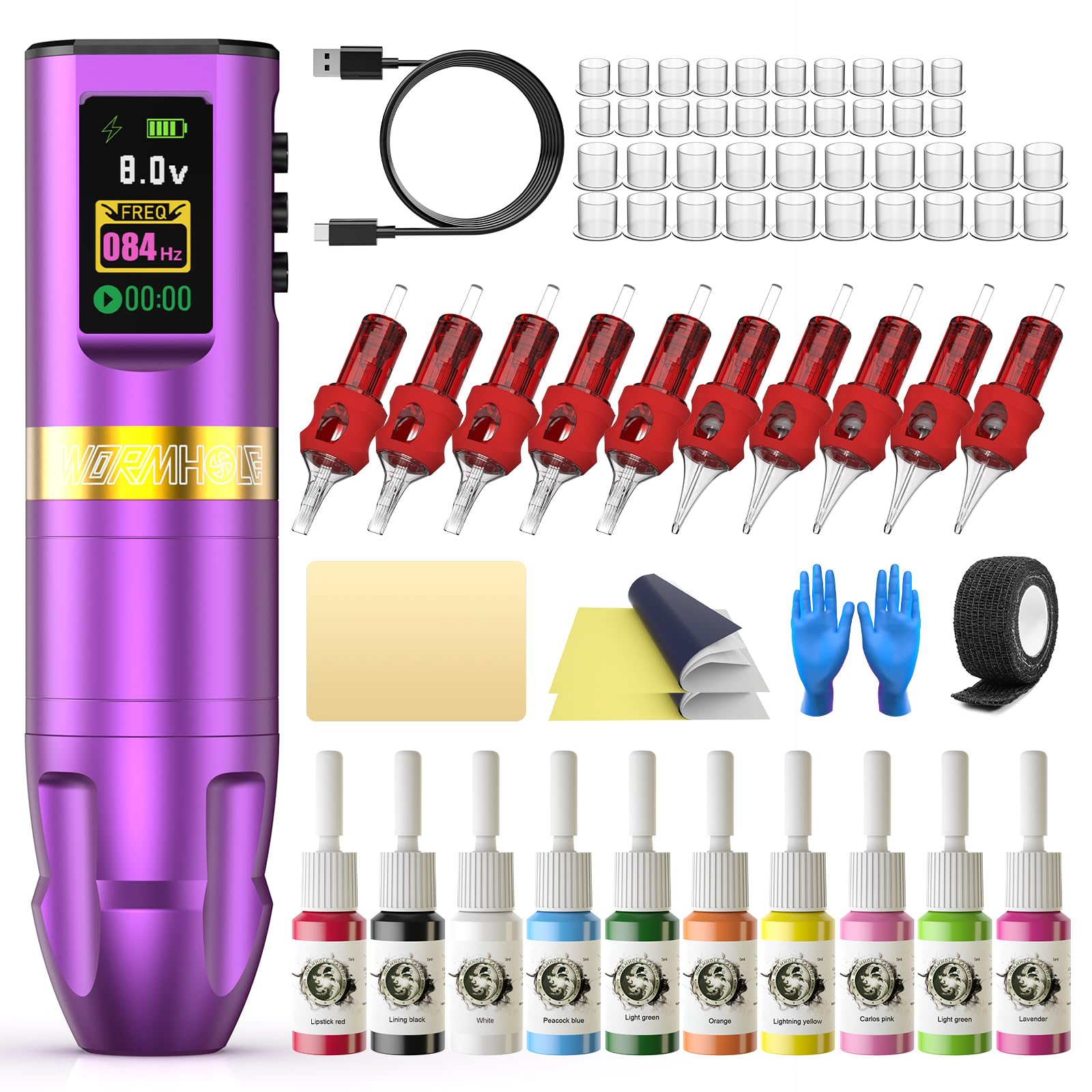 Wormhole TattooGun Kit Wireless Tattoo Machine Kit with Digital LED Display 1,800 mAh Tattoo Kit Power Supply Smart Tattoo Pen Kit Tattoo Cartridge Needles for Tattooist WTK285
