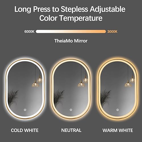 Miniatura 5 de TheiaMo Espejo de baño LED ovalado, espejo de tocador iluminado de 36 x 24 pulgadas con marco de metal, espejo inteligente impermeable IP66 antivaho