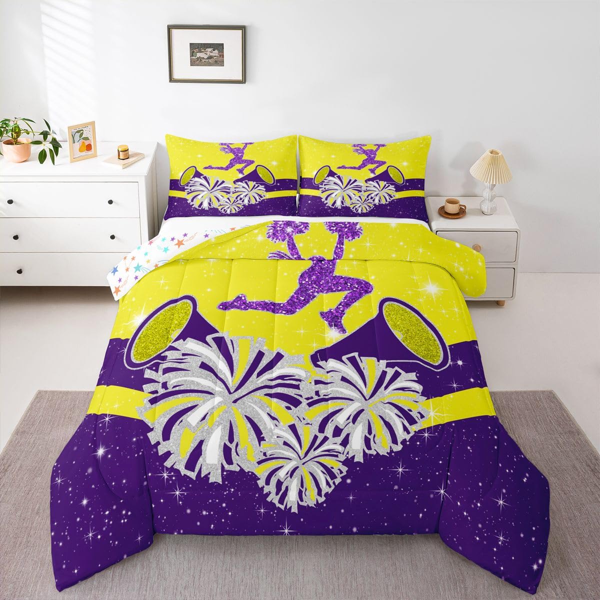 Castle Fairy Cheerleader Full Size Comforter Set,Cheerleading Glitter Yellow Purple Reversible Bedding Set Bedroom Collection,Girly Cheerleading Dance Soft Quilted Duvet for Girls Teens