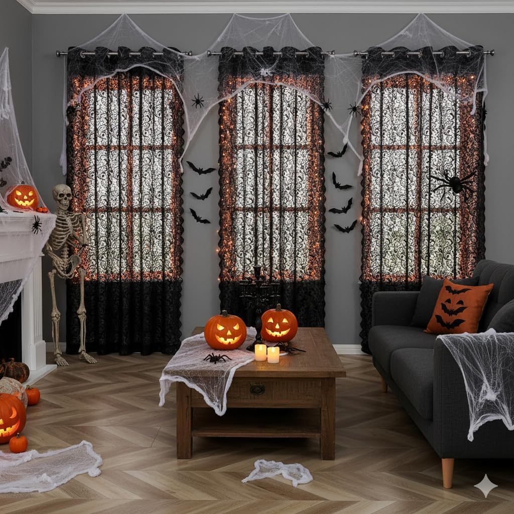 Bujasso Black Sheer Lace Curtains 84 inch Vintage Floral Sheer Window Curtain Panels for Living Room Bedroom Luxury Light Filtering Drapes Black Window Treatment Sets Grommet Top 2 Panels 54" Wx84 L