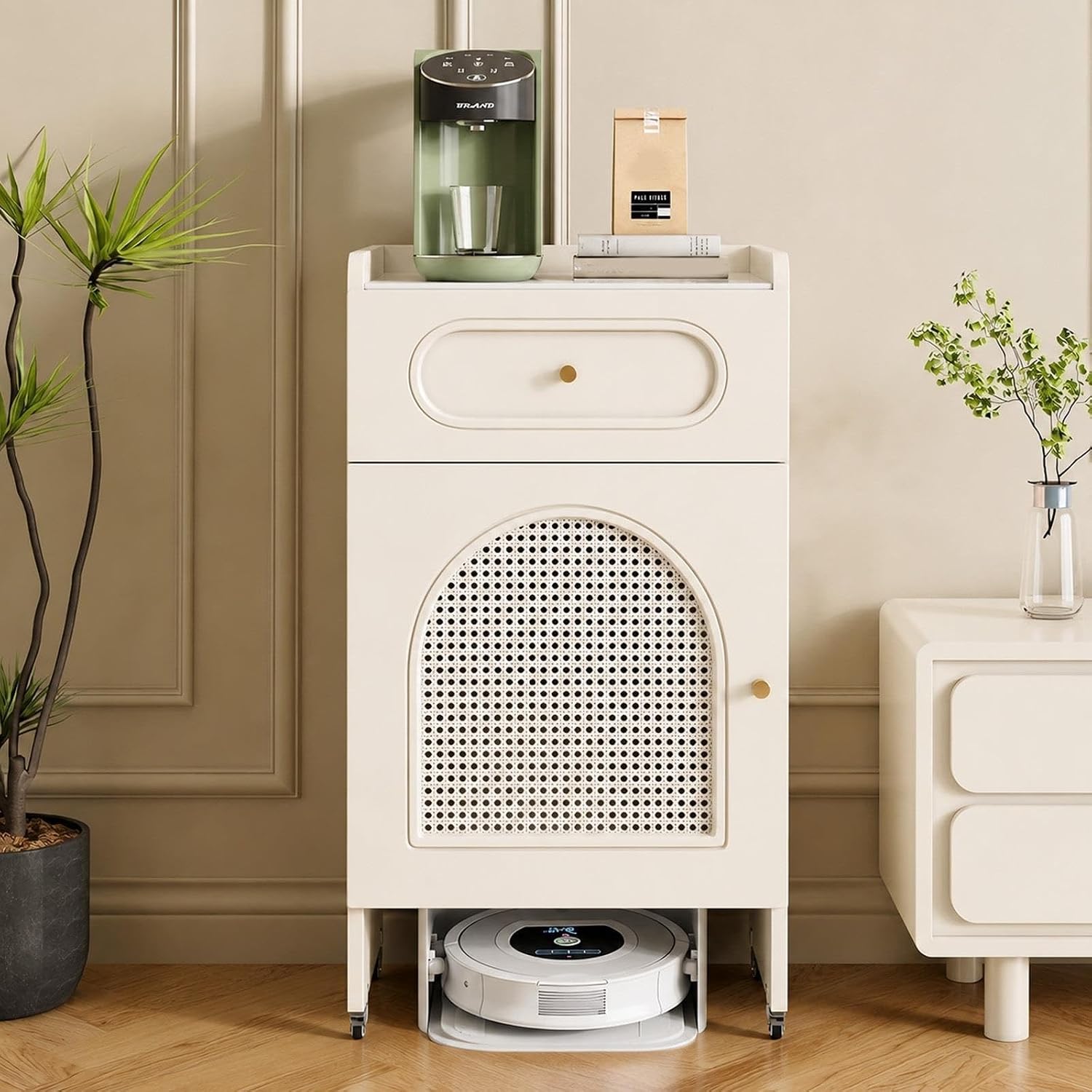 Robot Vacuum Stand Cabinet with Doors, Drawers & Wheeled Base