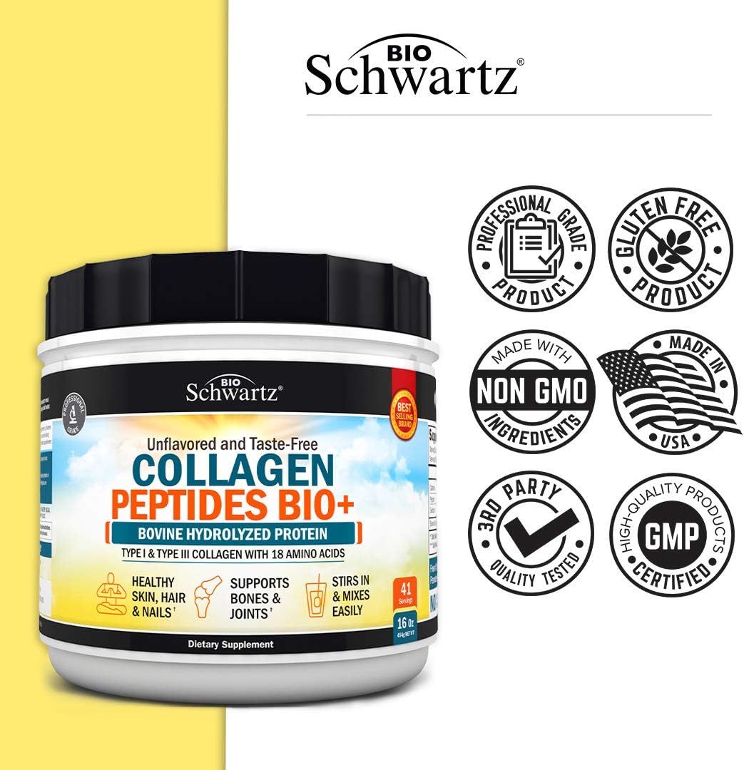 Collagen Peptides Powder - Grass Fed, Pasture Raised with Aminos - Promotes Healthy Skin Hair & Nails – Bone & Joint Support - Hydrolyzed, Unflavored, Non GMO, Gluten Free - Easy to Mix -16 oz