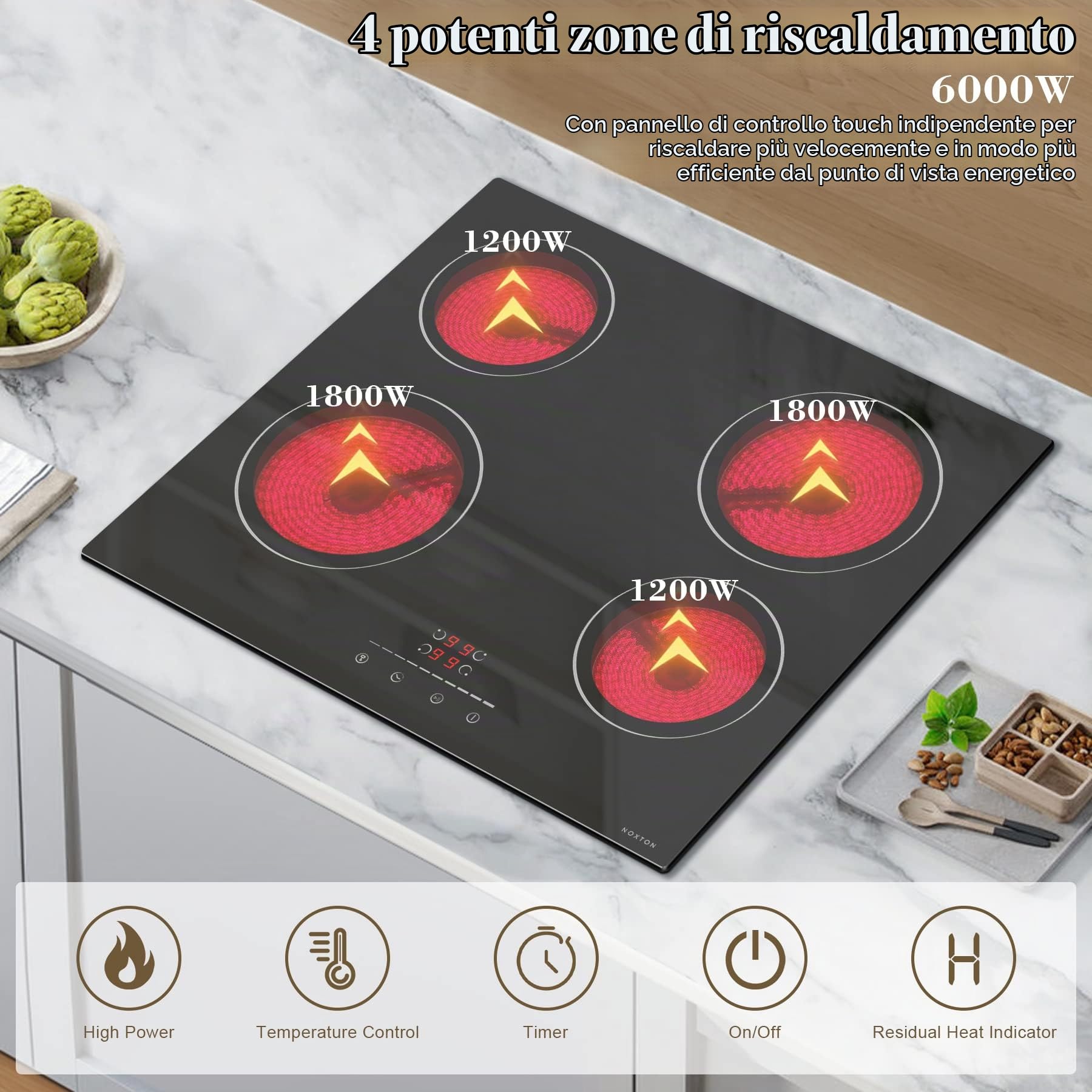 Piano Cottura Elettrico 4 Fuochi, 60cm Piani Cottura Vetroceramica Incasso | 6000W, Funzione Booster Cucina, Tocco Controlli, Timer, 9 livelli di potenza